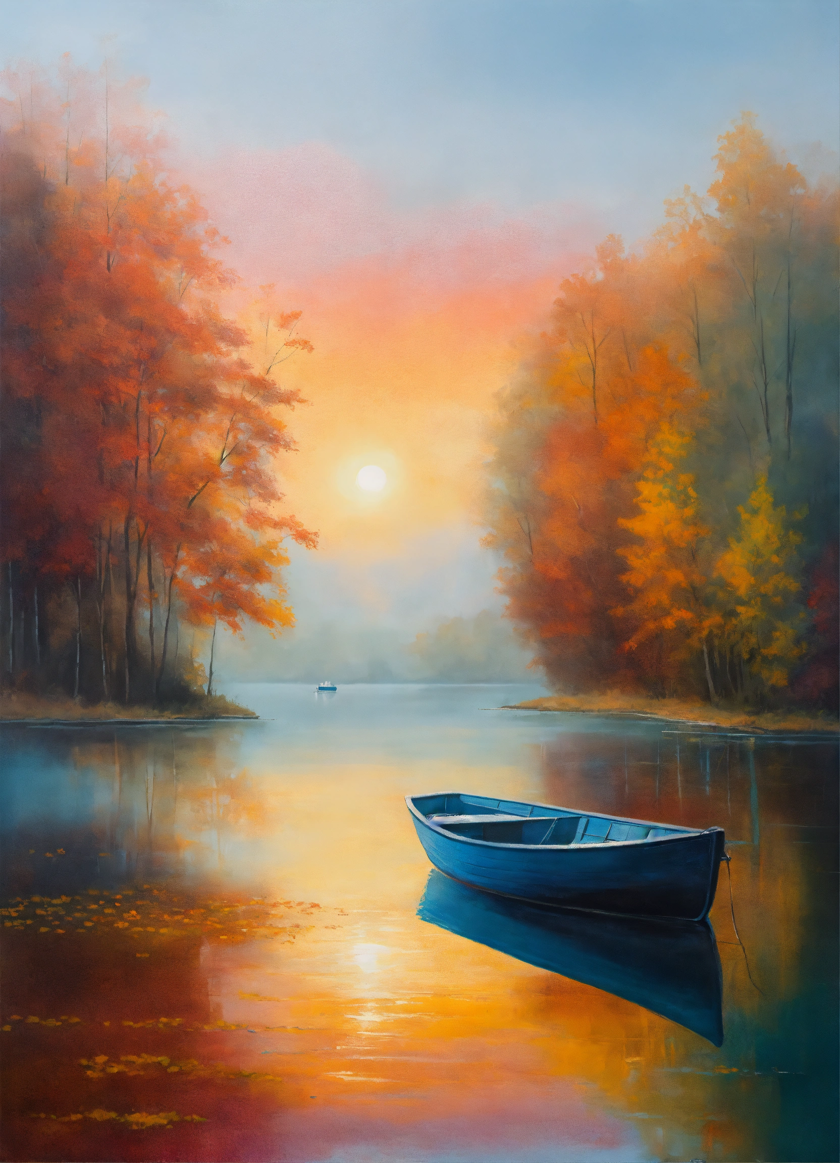 Lexica - Sunrise on a foggy morning over a misty lake with a boat ...
