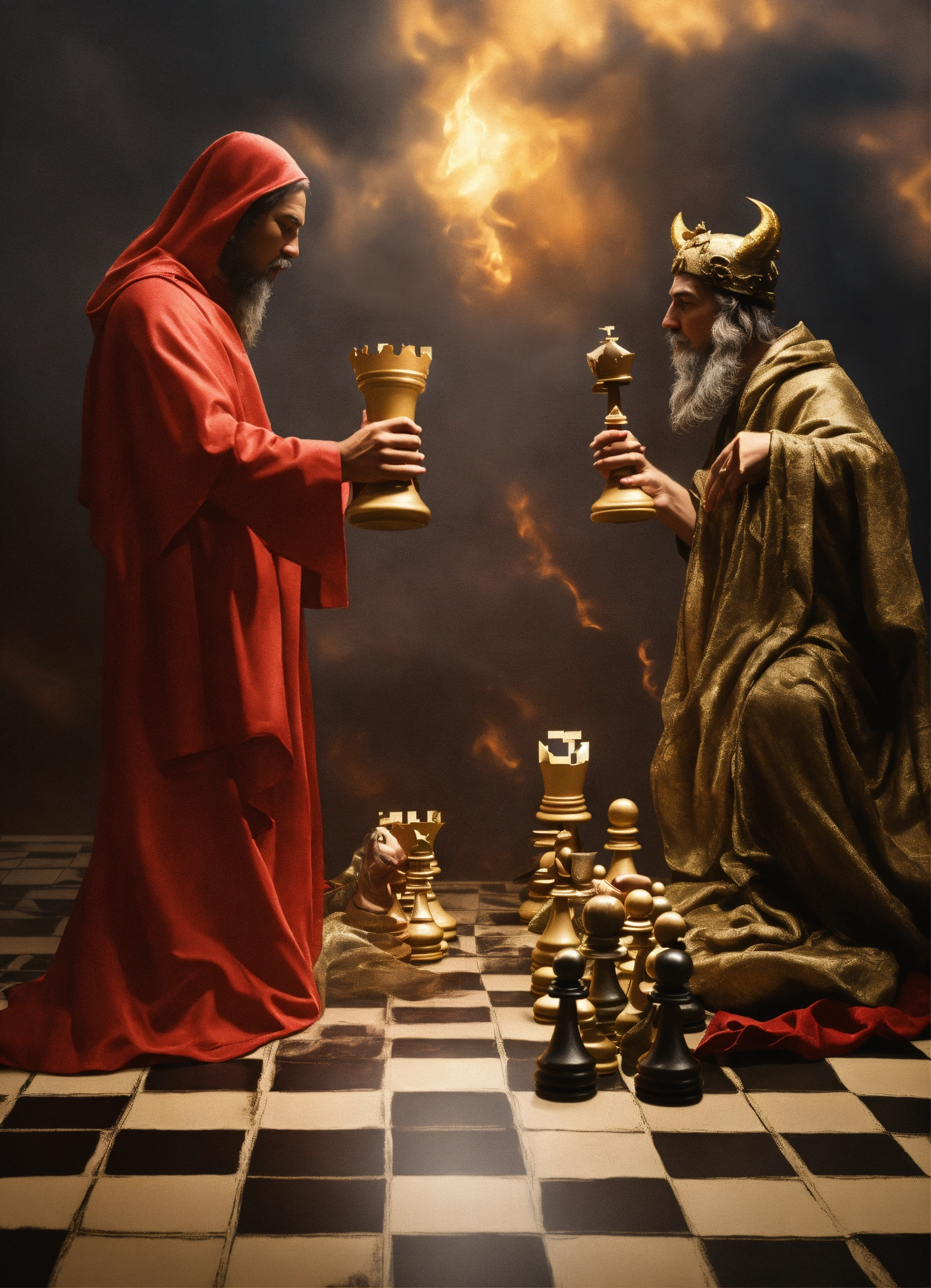Lexica - God and the Devil are playing chess with humans as chess pieces