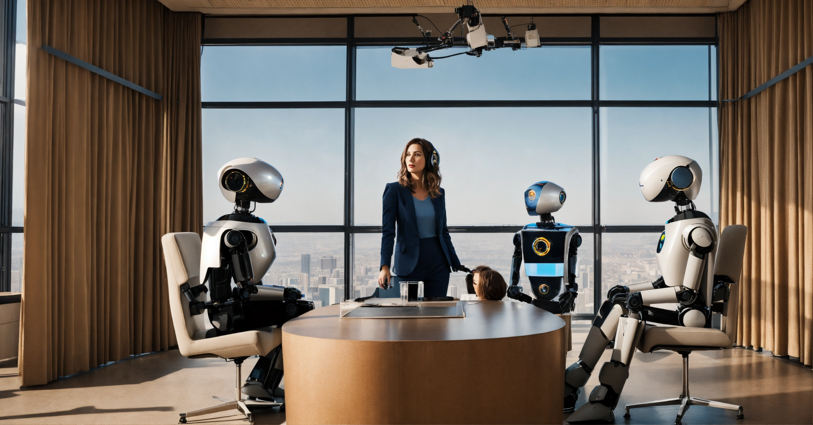 Lexica - Realistic photograph of three robots talking to a female CEO