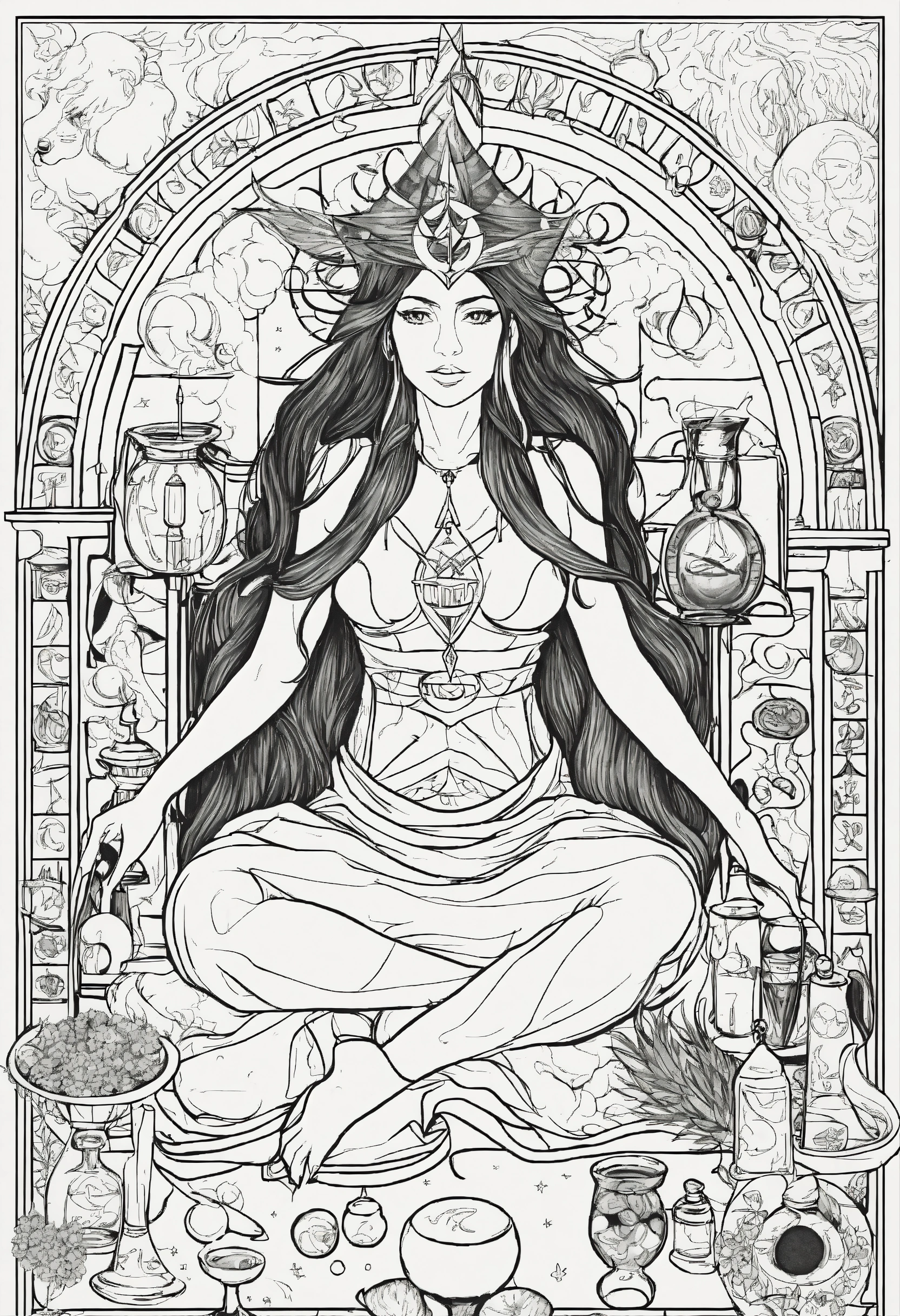 Lexica - Simple adult coloring book page featuring a witchy pagan goddess  surrounded by alchemy symbols. The design consists of clean black lines on