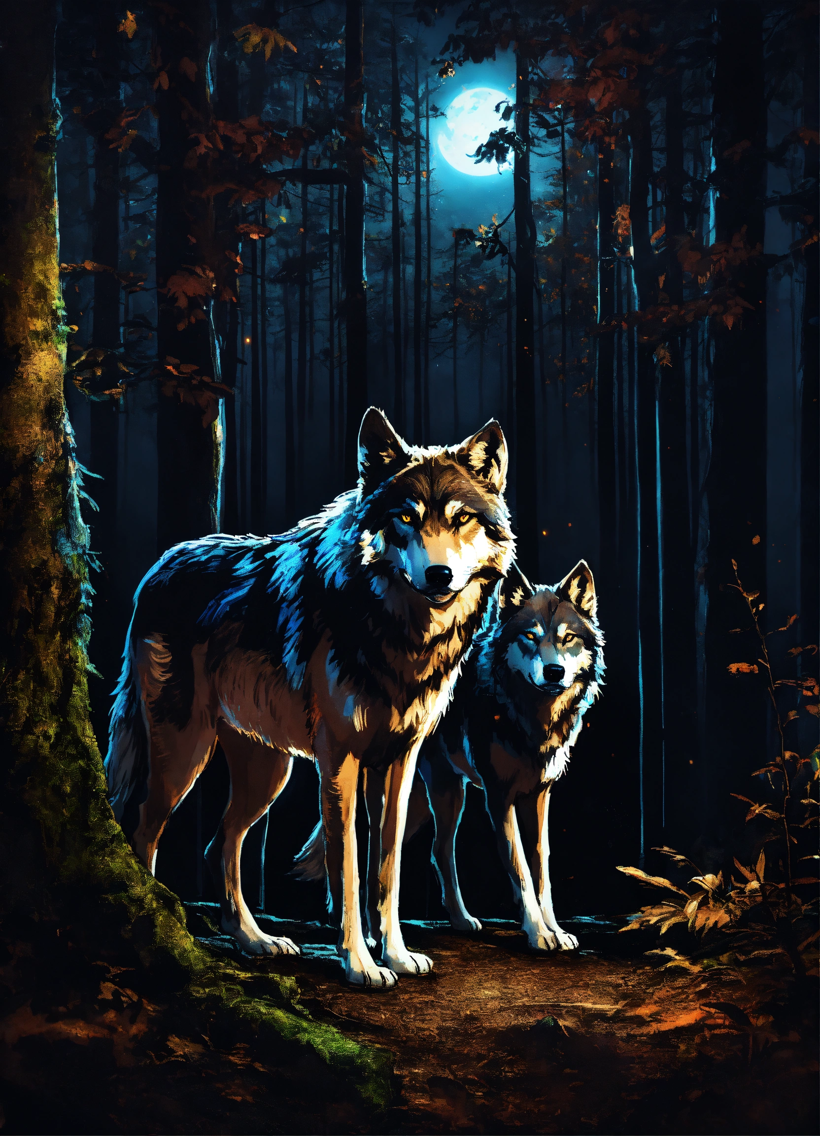 Lexica - A wolf pack in a black forest, night, dark, spooky, scary ...