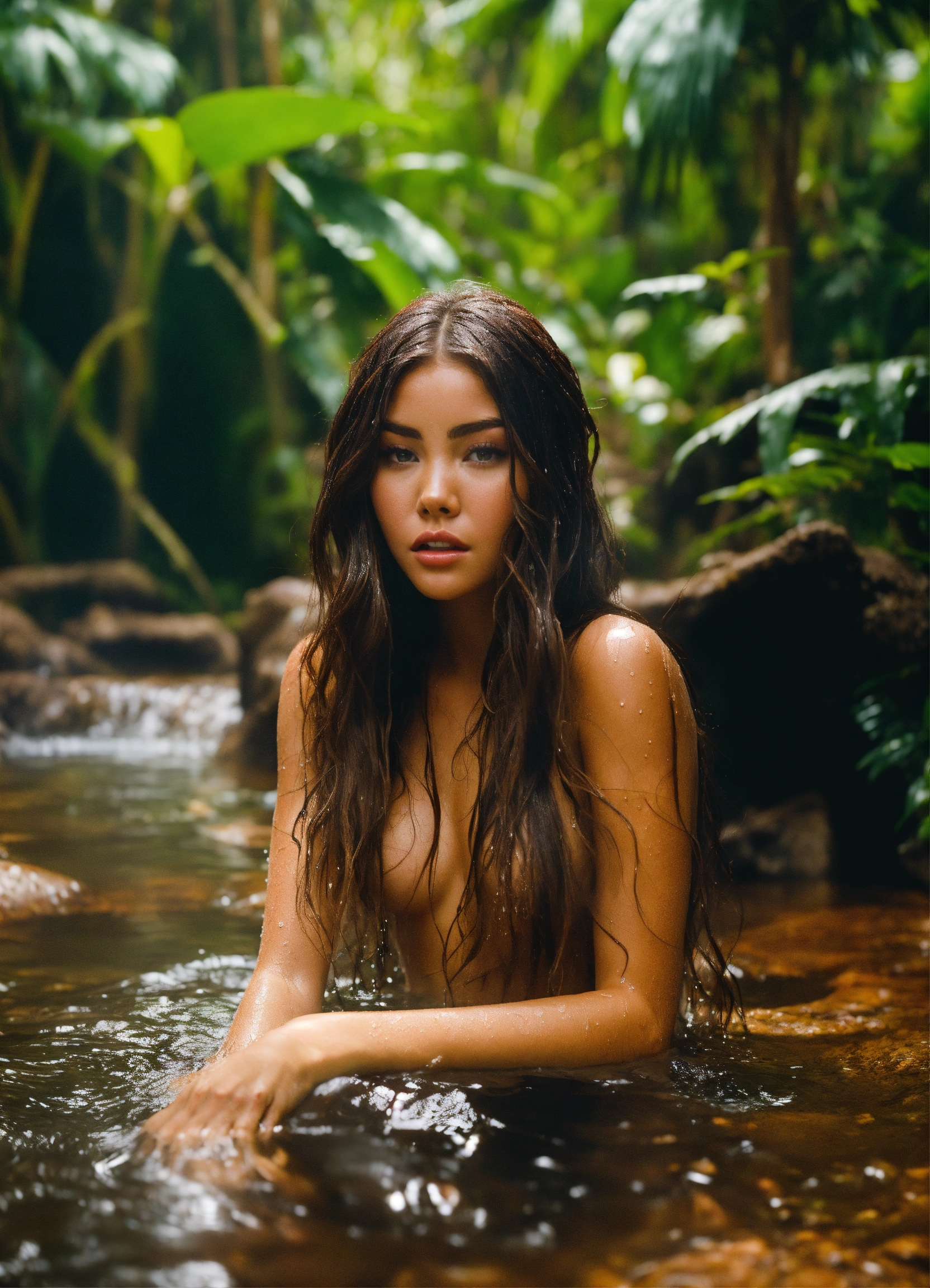 Lexica - Madison Beer in a natural hot springs in the jungle, drenched  hair, realistic. Wet. Out of water. Full natural body view. 4k real  photoshoot...