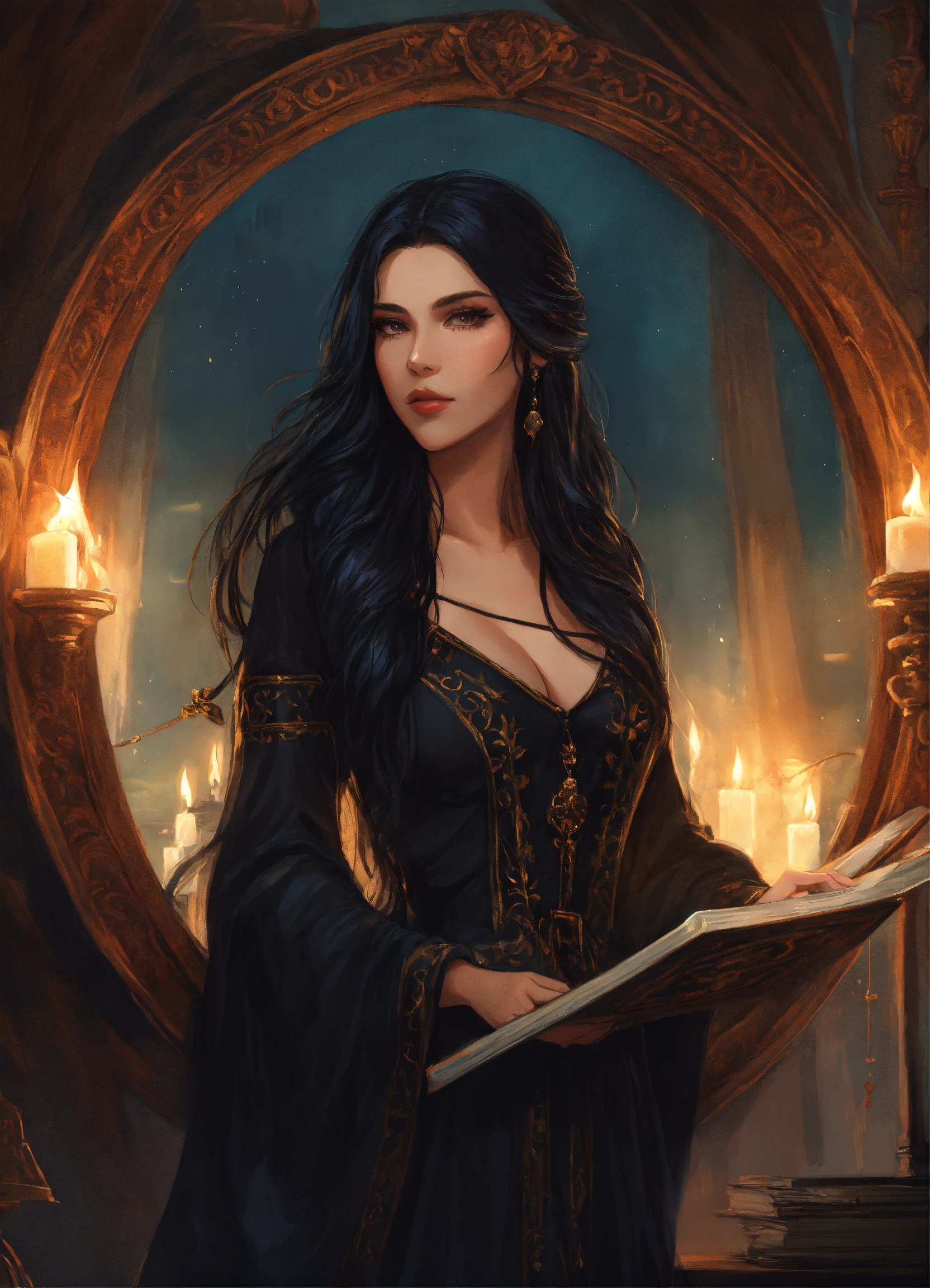 Lexica - A beautiful sorceress with long black hair dressed in a black ...