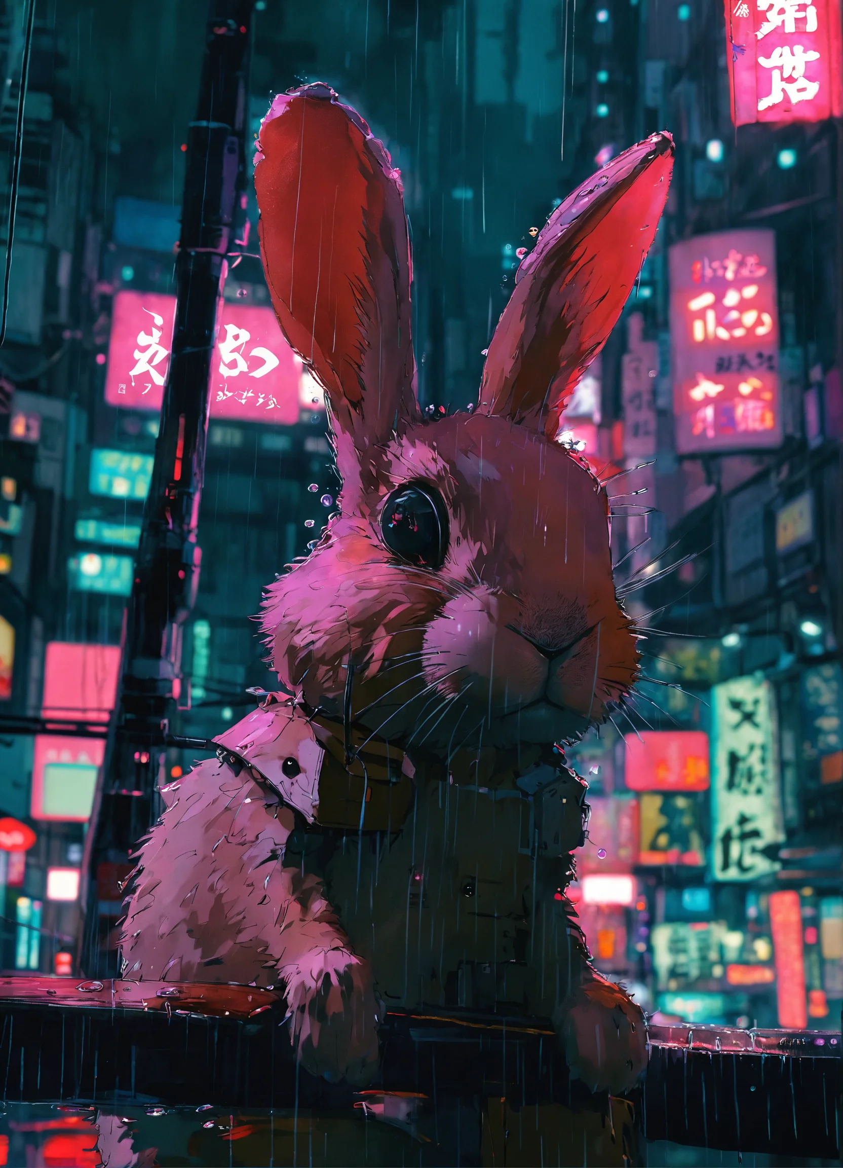 Lexica - Cyberpunk anime ghibli rabbit art in rainy city tokyo night