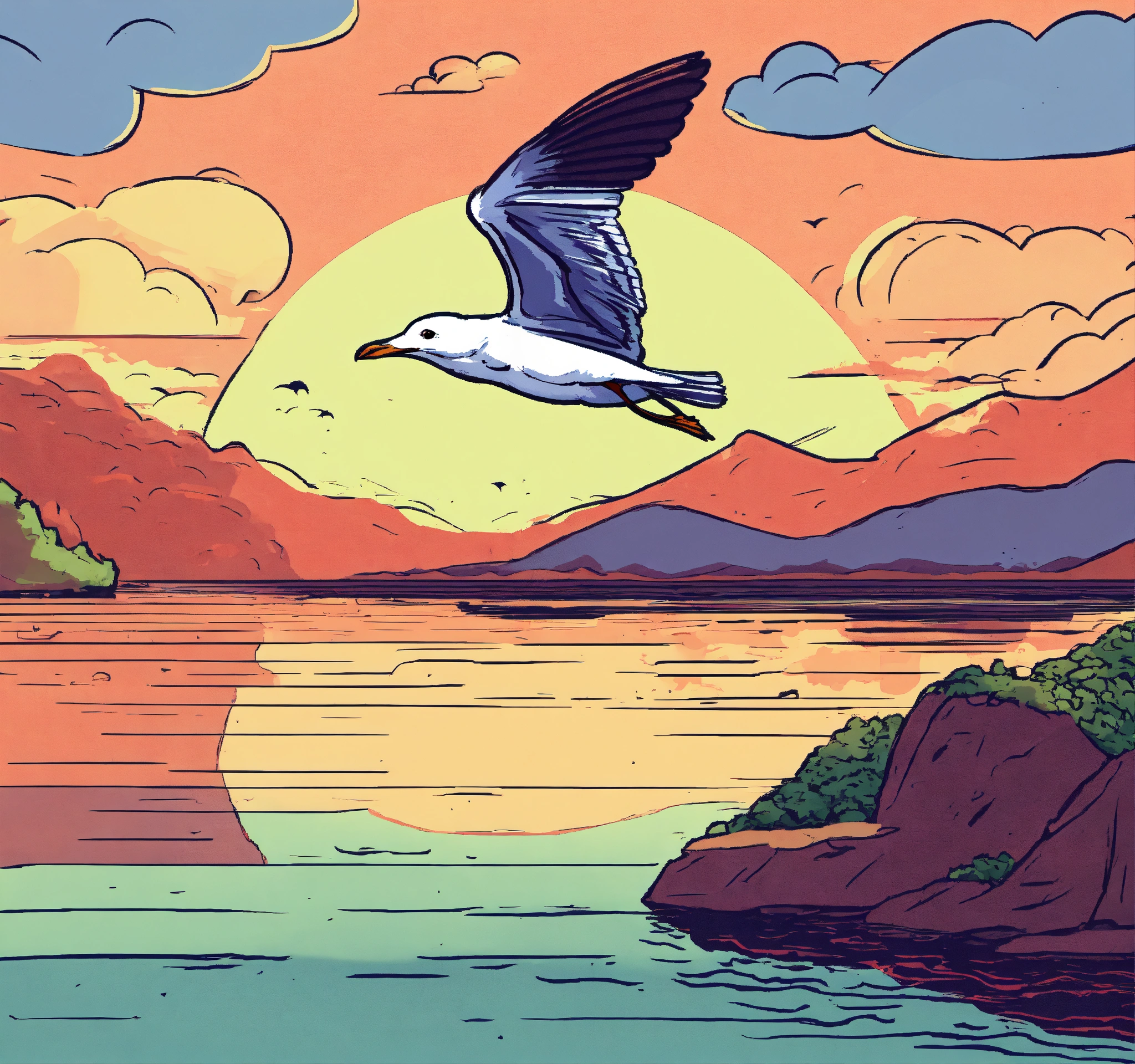 Lexica - A little seagull Flying over an island .drawing style color