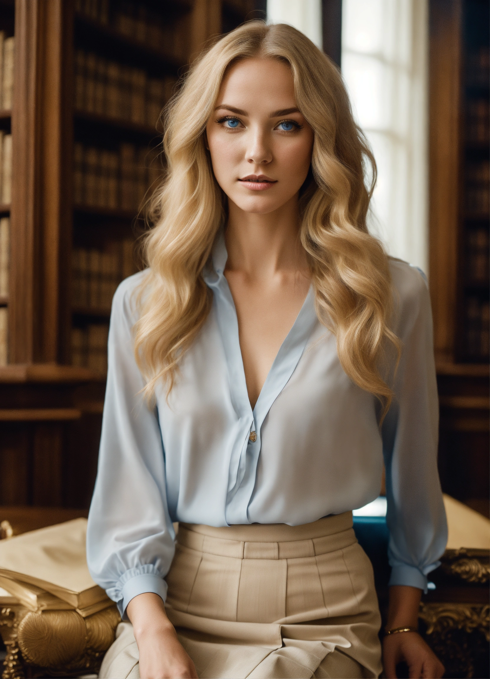 Lexica - A woman with blond slightly wave long hair, pale skin, blue ...