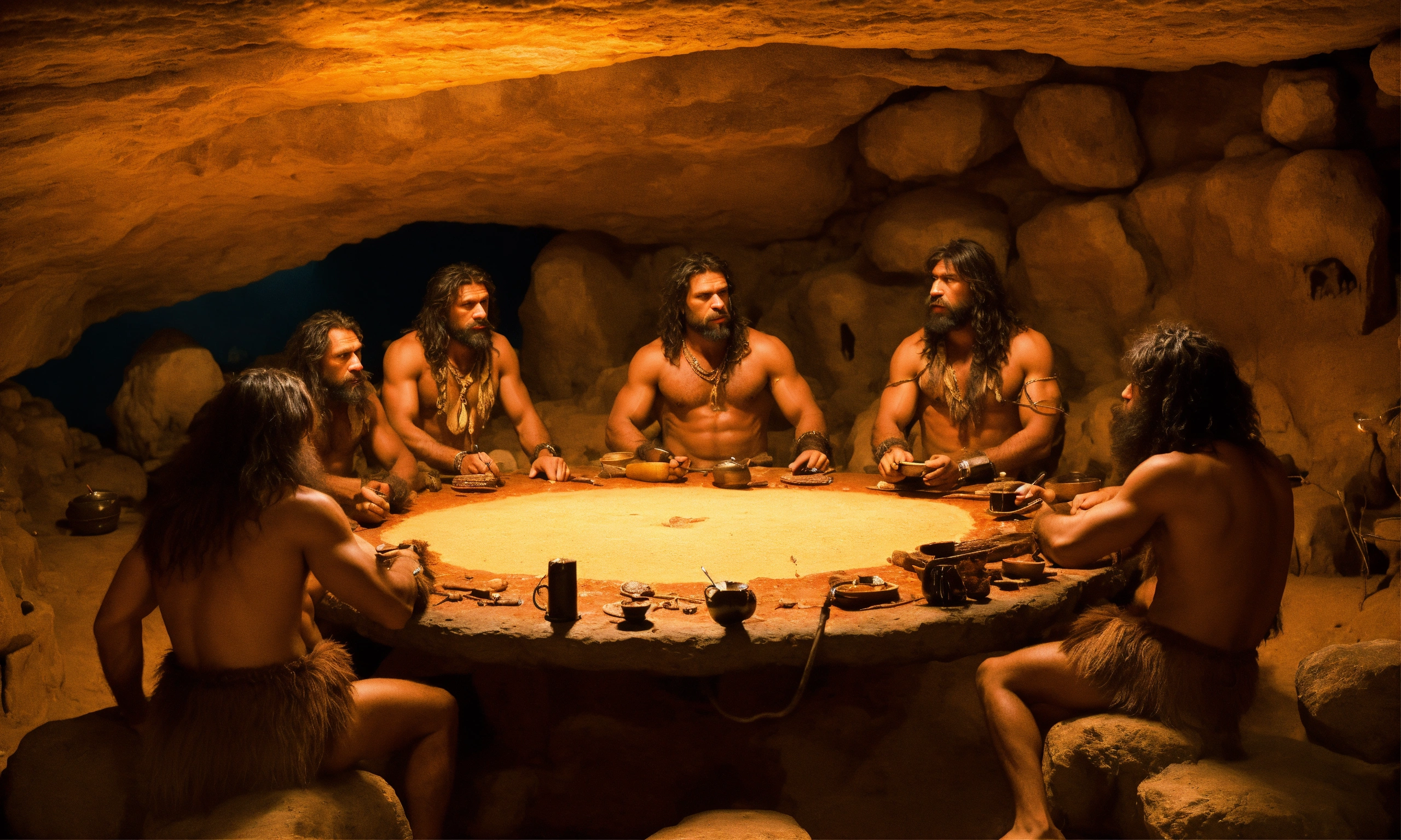 Lexica - Cavemen are well dressed and have a meeting around a large ...