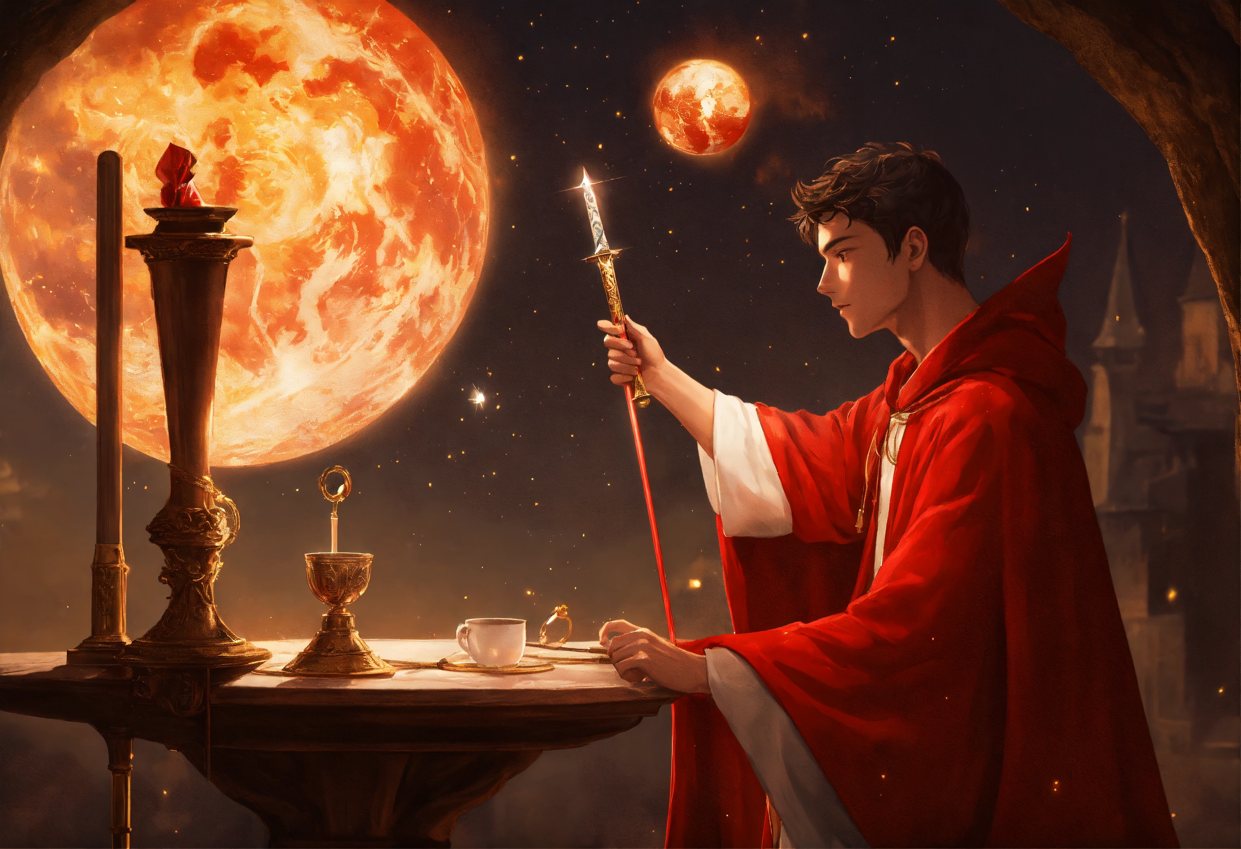 Lexica - A young male in the white robe and red cloak with one hand ...