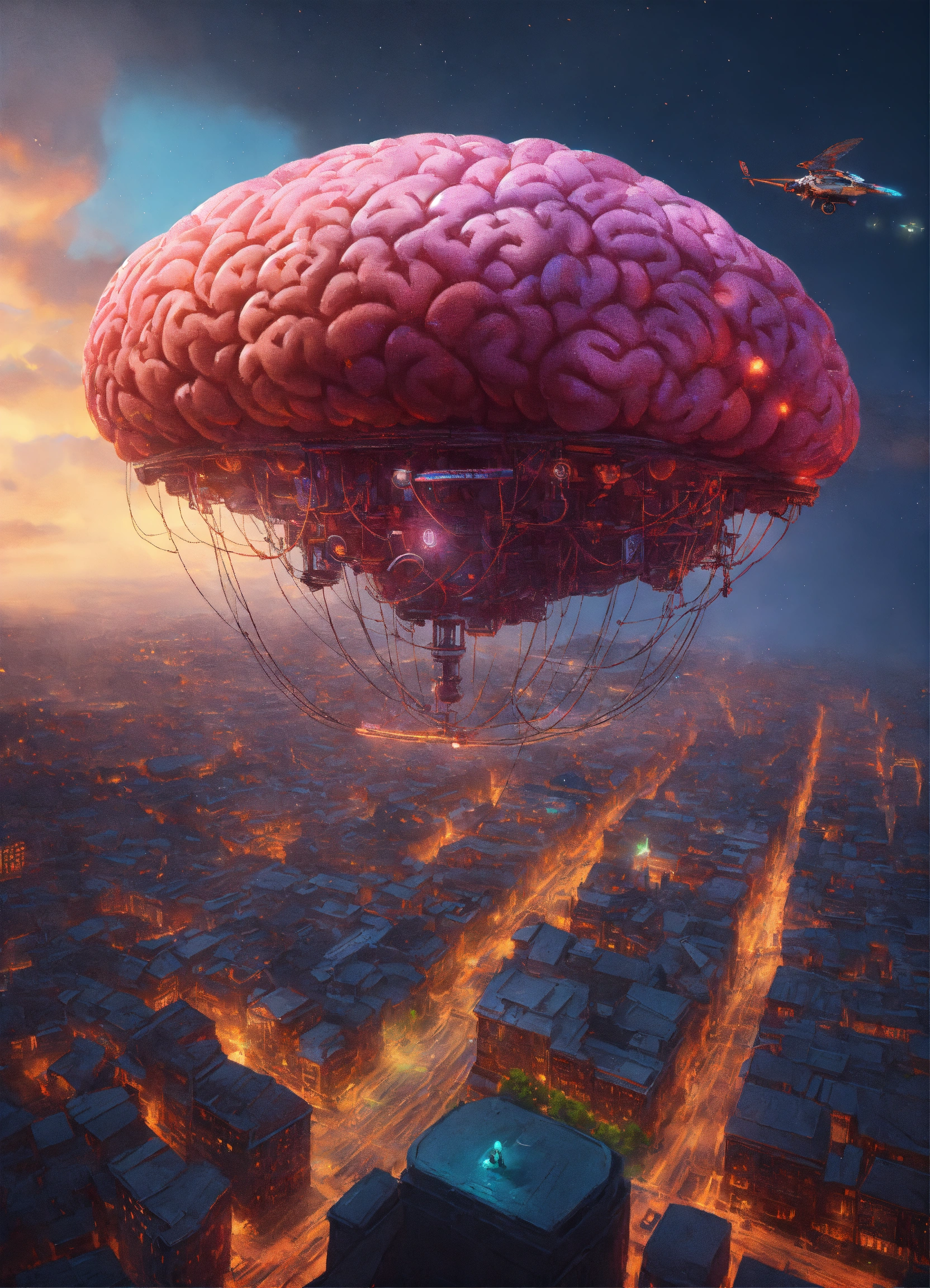 Lexica - A luminescent brain flying over a city. In the style of Dmytro ...