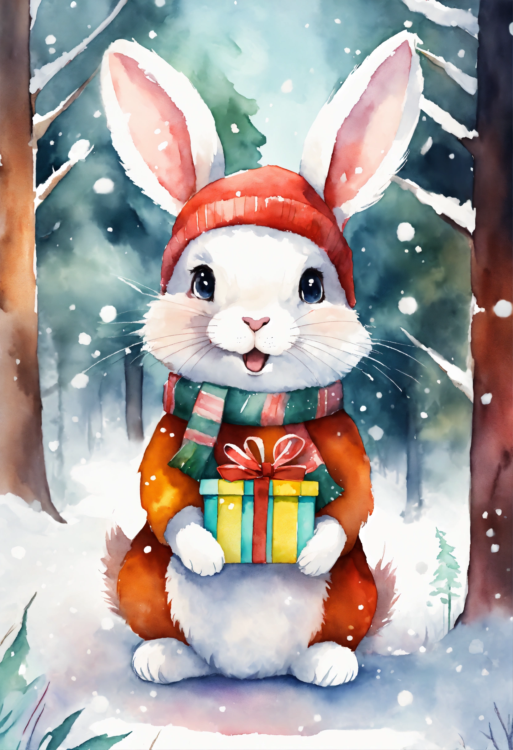 Lexica - A cute happy rabbit in forest with Christmas hat , presents ...