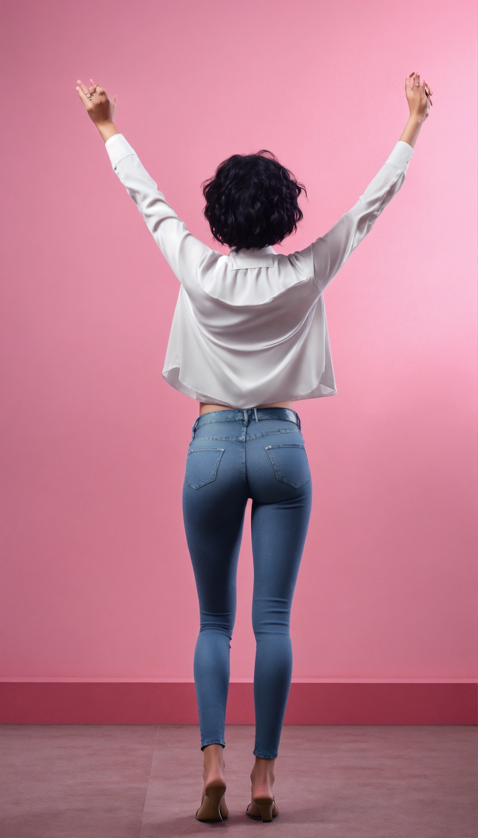 Lexica - Full body, arab woman from her back, raising both her hands up ...