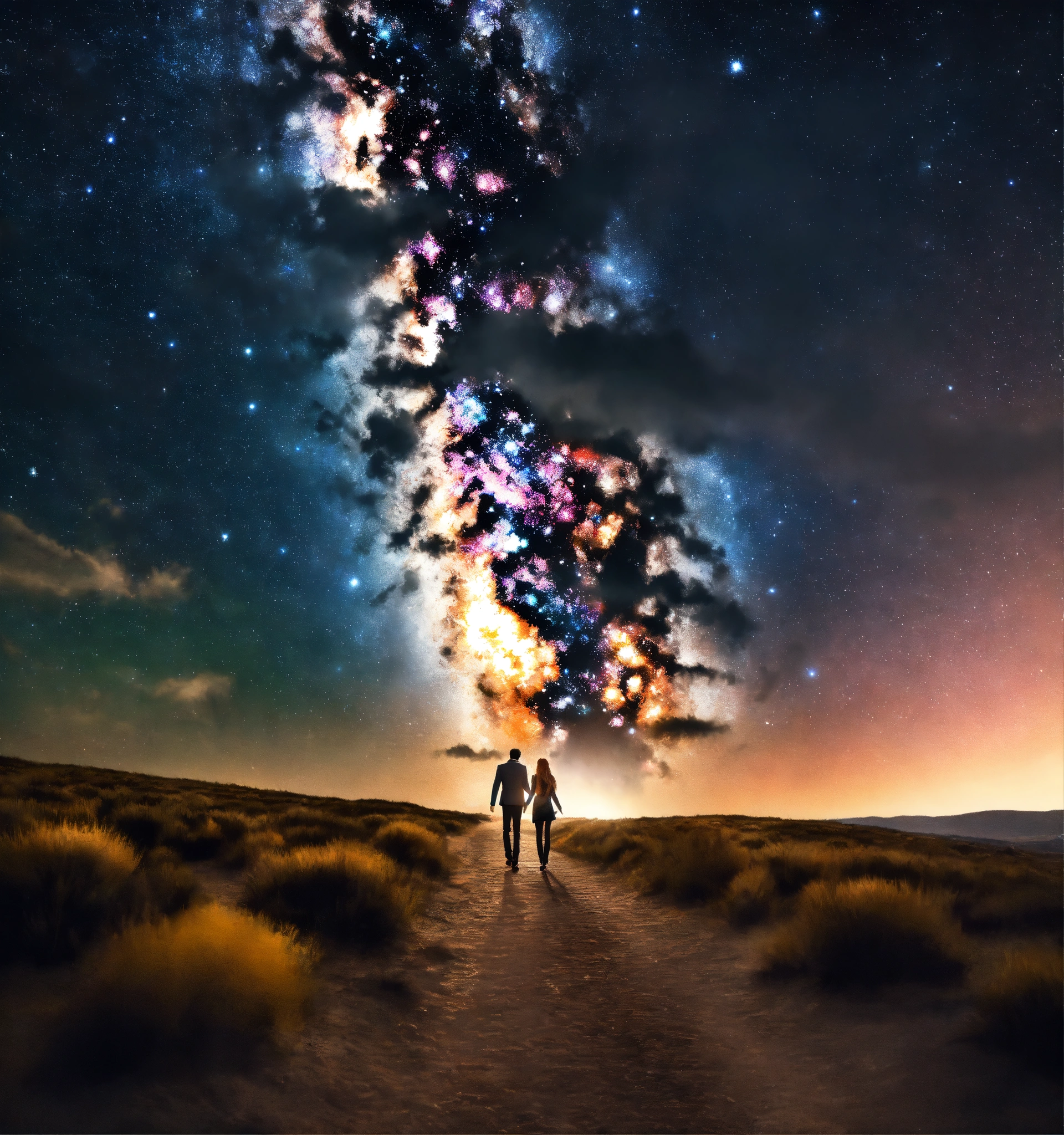 Lexica - 8k image, a couple walking under the light of the stars, the ...