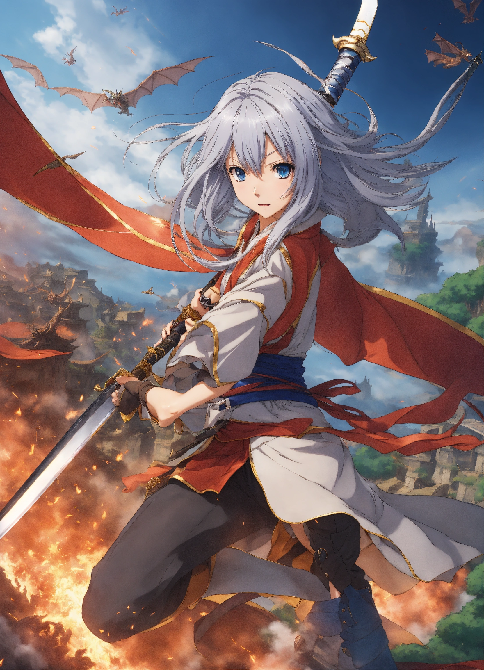 Lexica - An anime character with silver hair engages in a high-flying ...