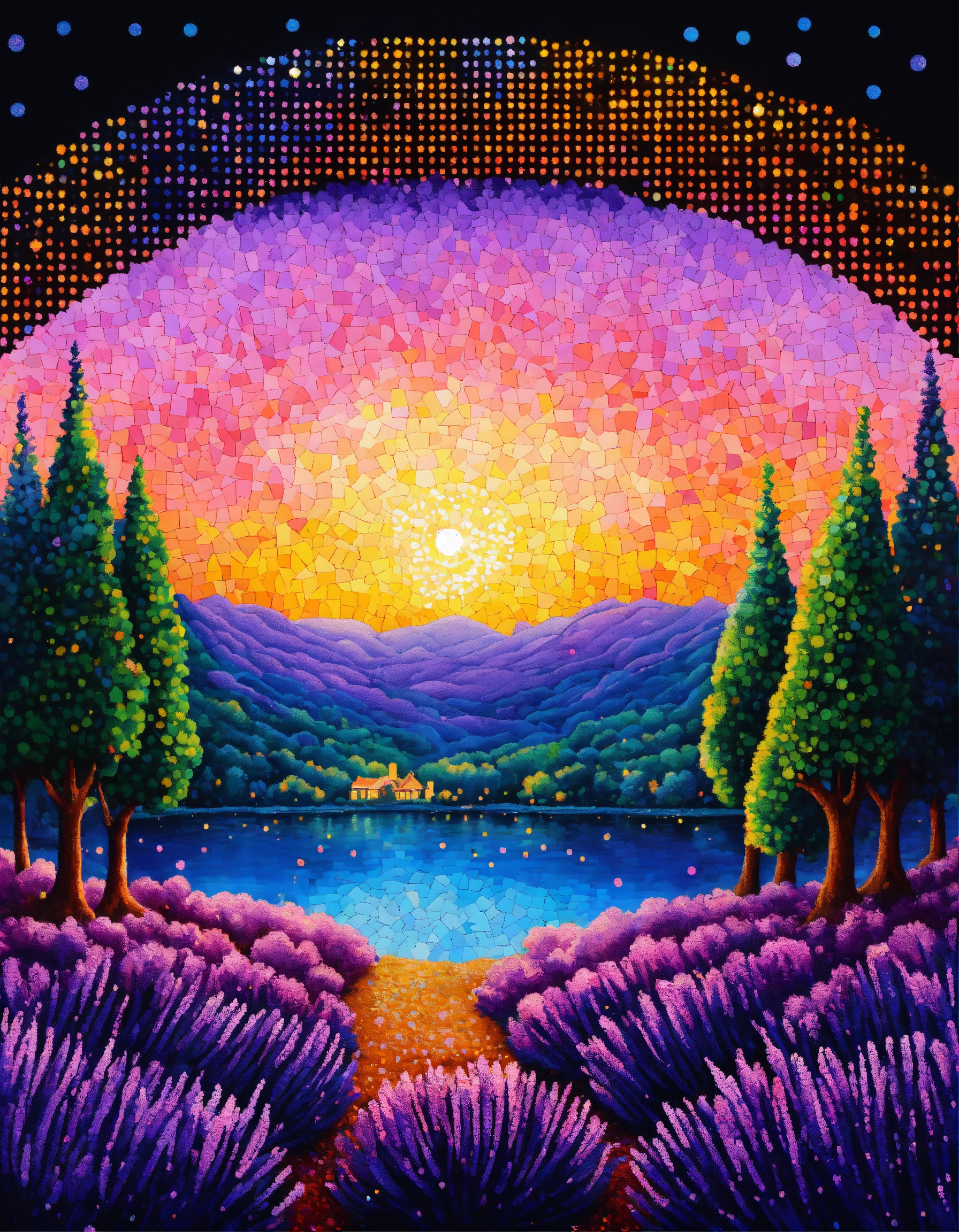 Lexica - Pointillism circular field of lavender coloring book mosaic ...