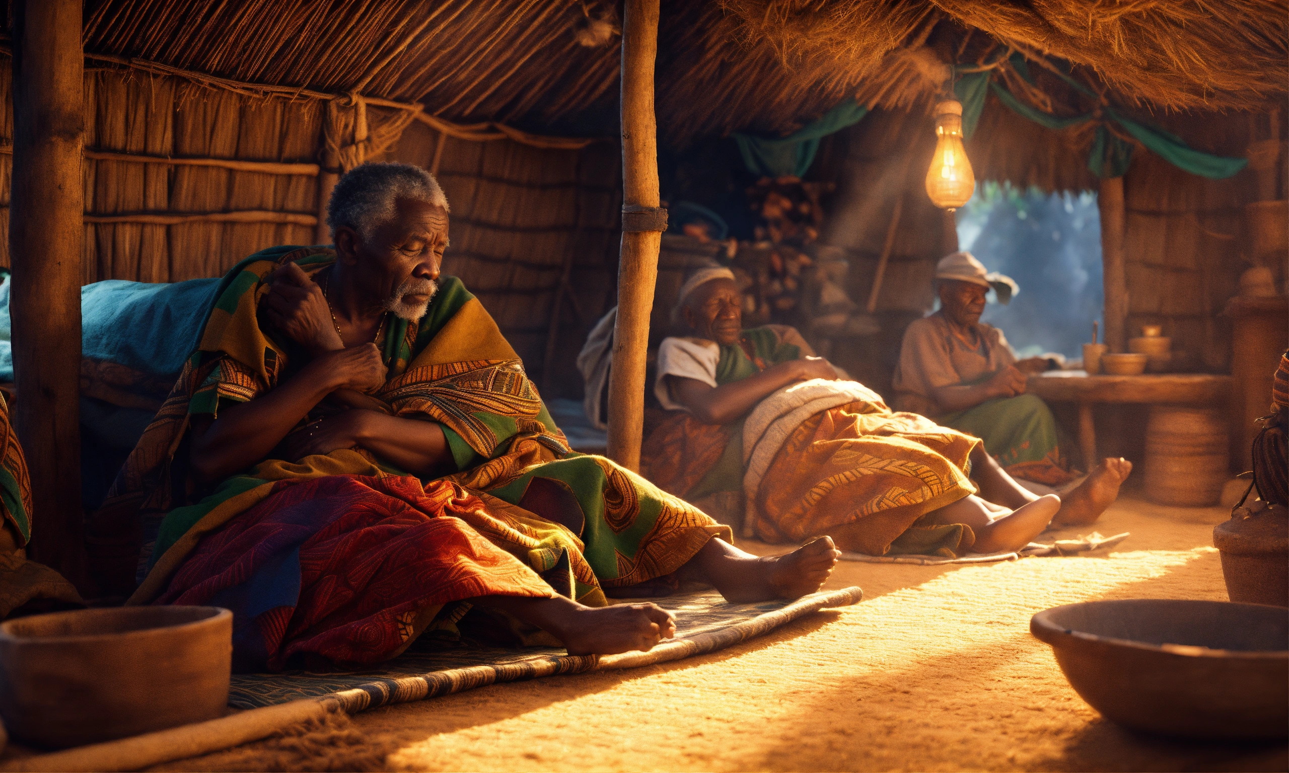 Lexica - 1 sick african village very old men sleeping on mat inside hut ...