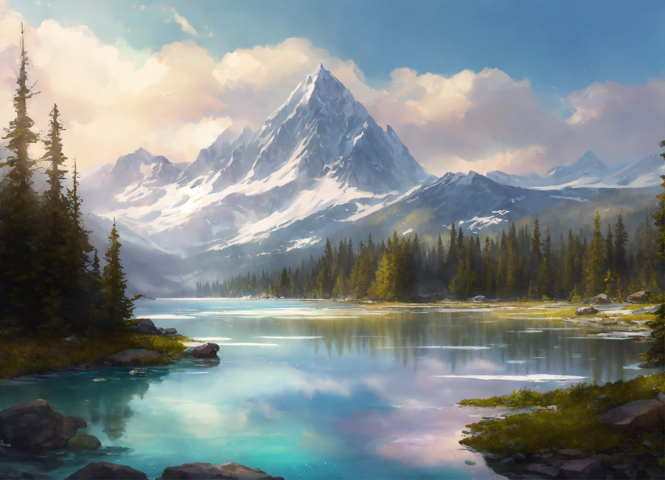 Lexica - Concept art of a glistening clean lake at the base of a small ...