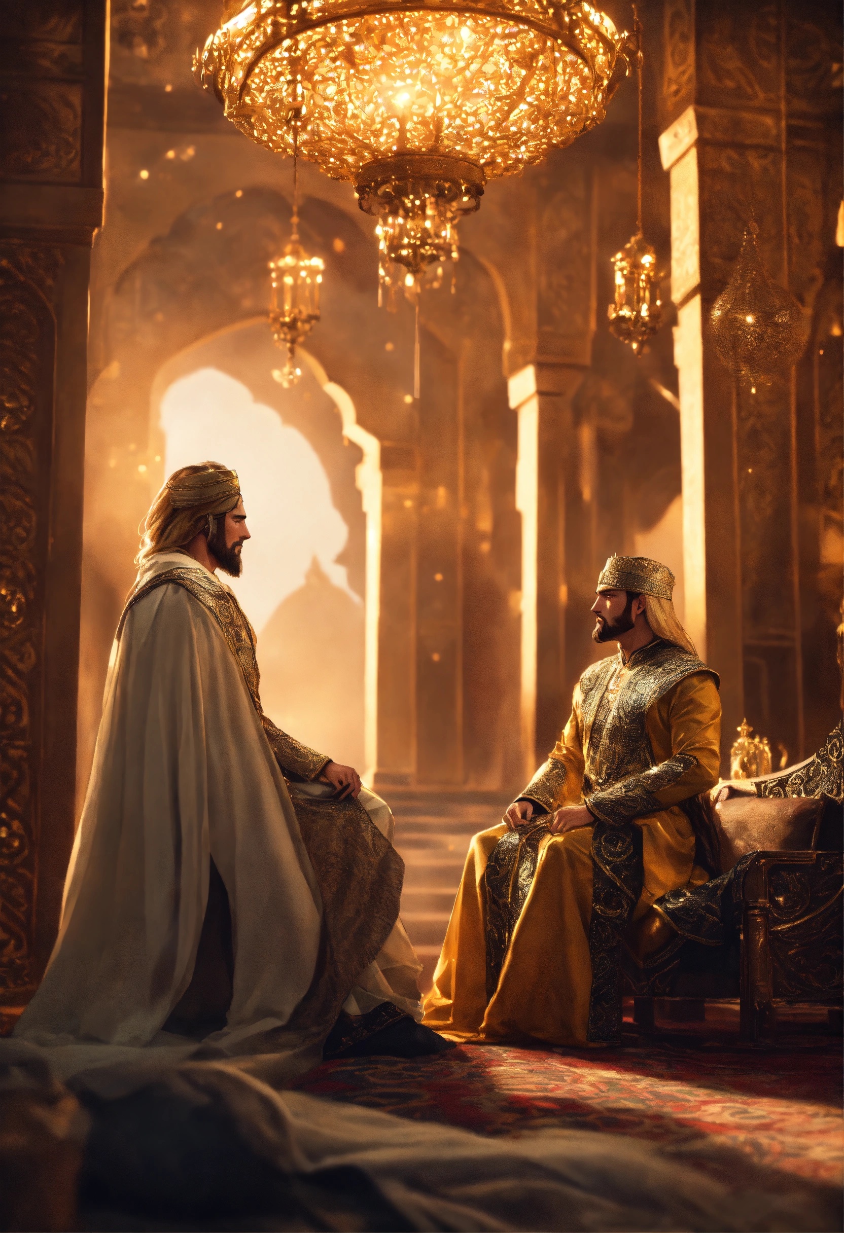 Lexica - An epic fantasy scene featuring the sultan Saladin sitting on ...