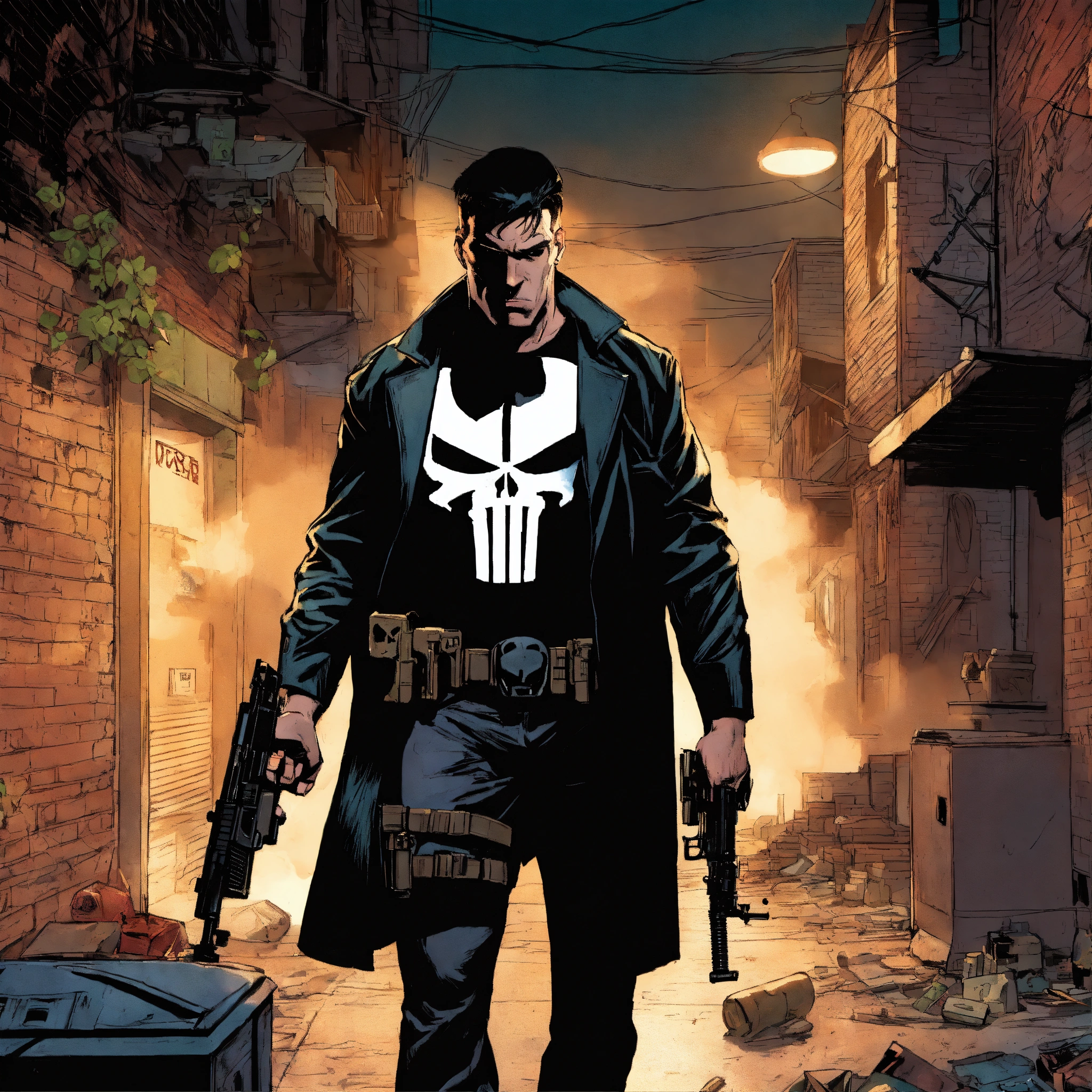 Lexica - The punisher, shooting guns in alley at night, marvel