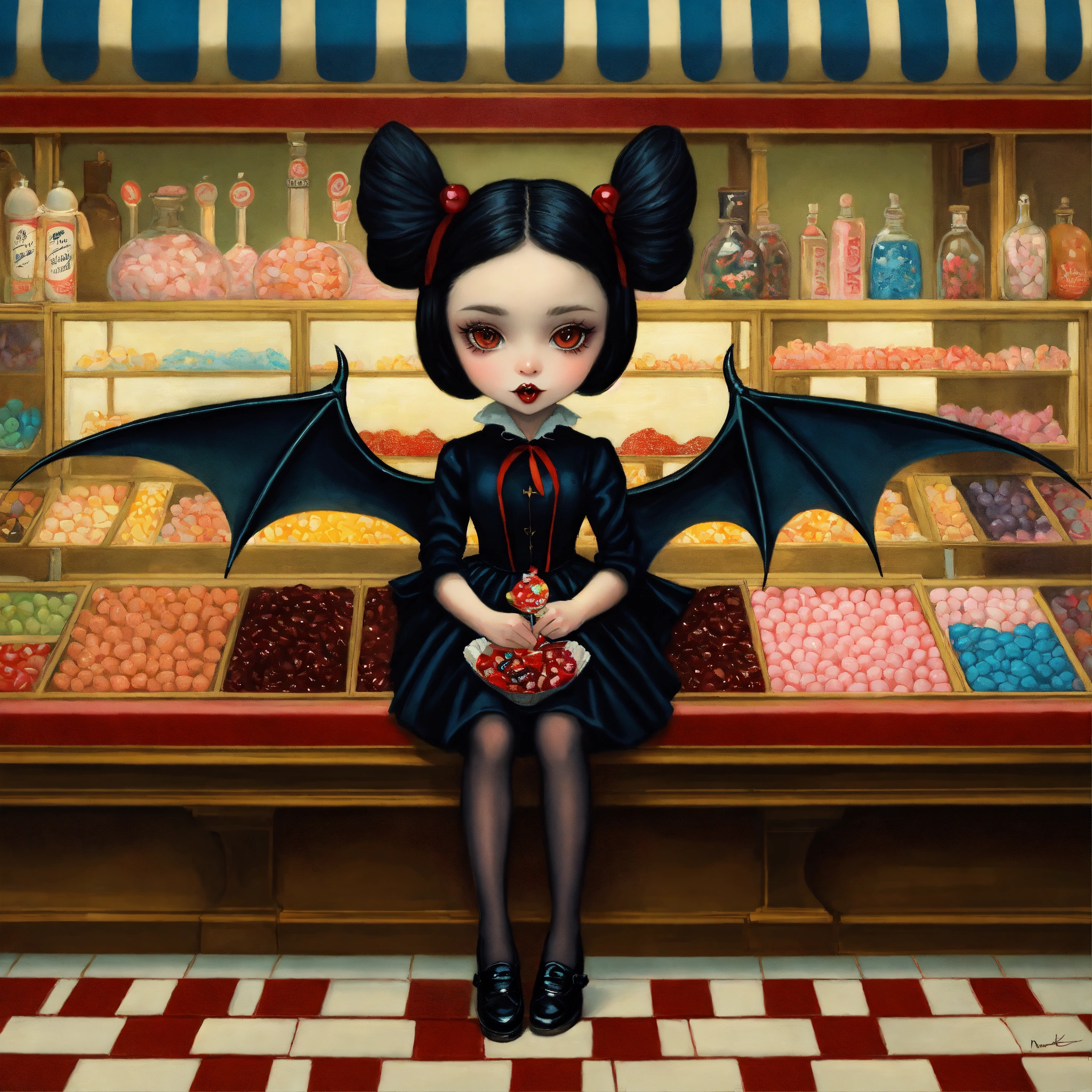Lexica - A vampire girl ride a bat, black hair,in a candy shop oil ...
