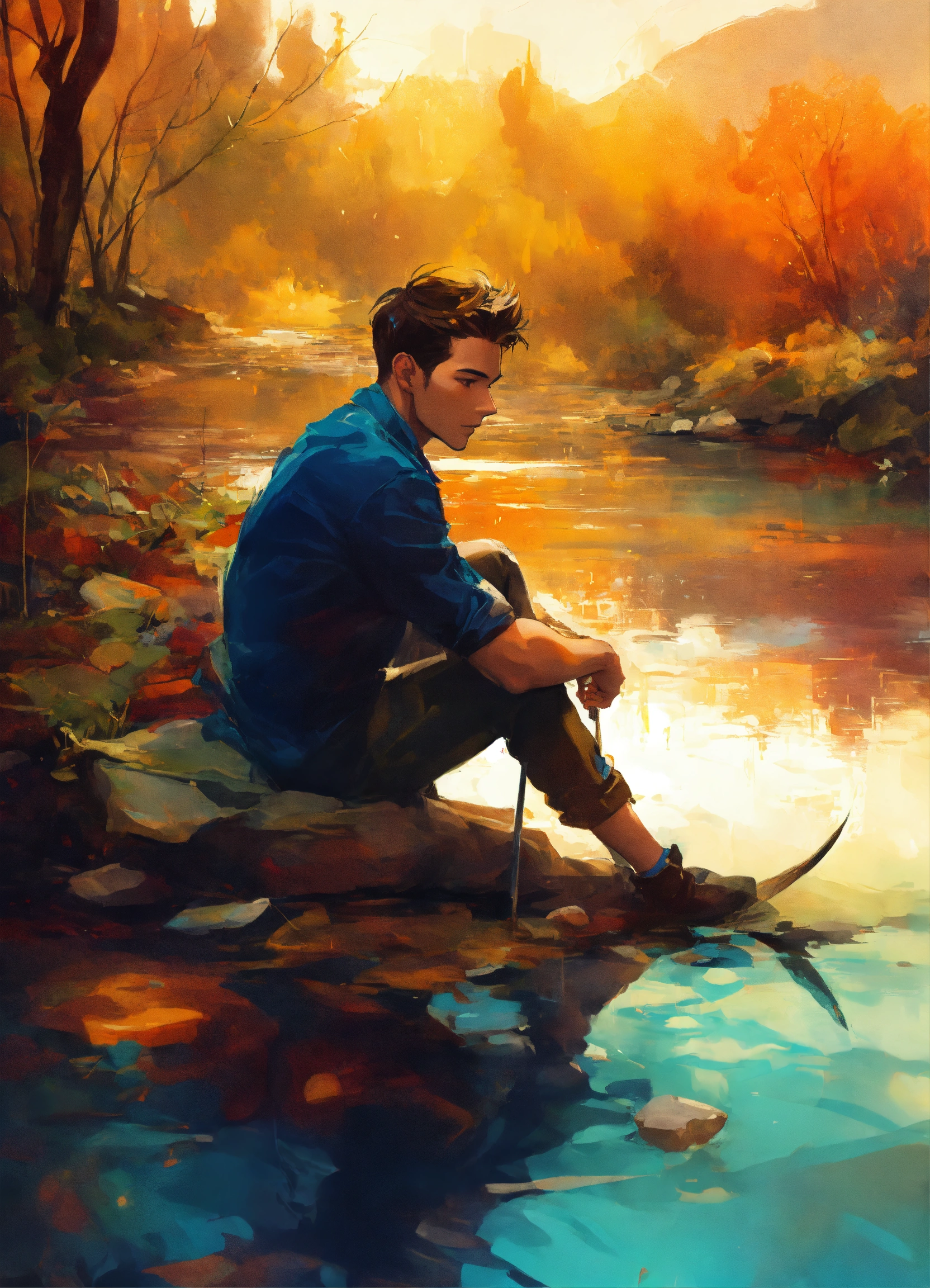 Lexica - Abstract, young man sitting next to a river, treasure