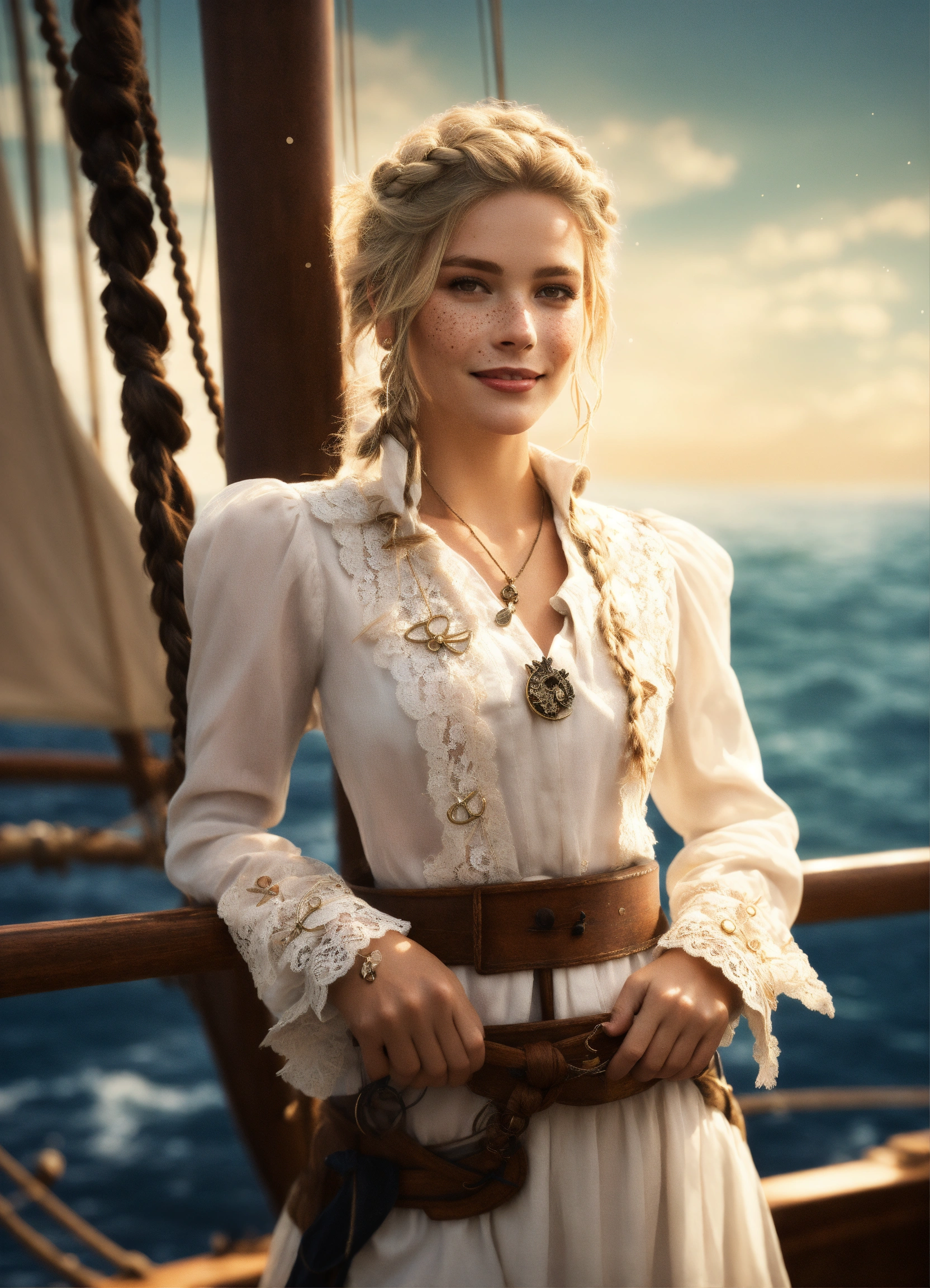 Lexica - Woman in a white antique lace shirt and pirate coat on the ...