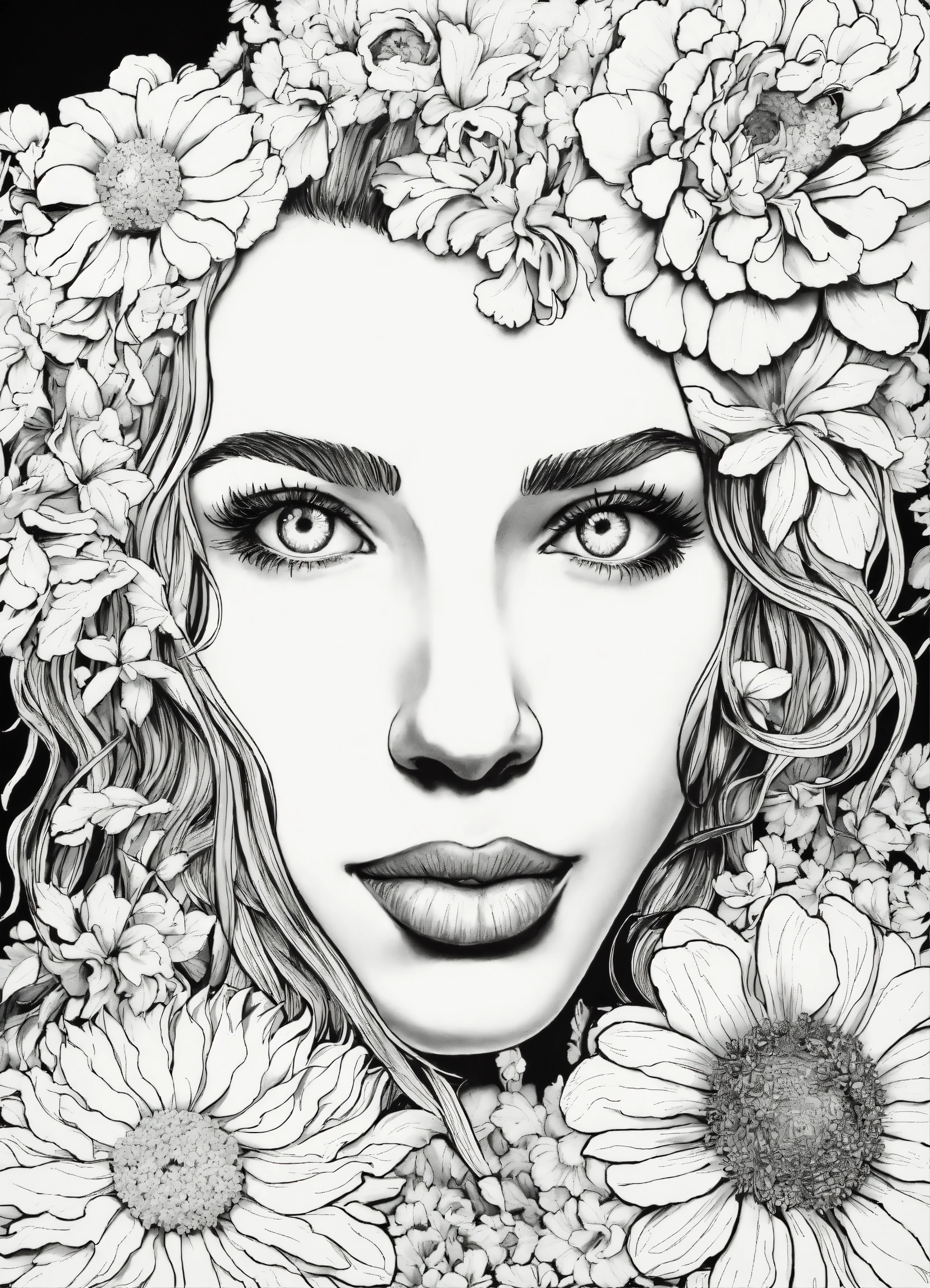 Lexica - Faces and flowers, Ed Roth, coloring book, line art, low ...