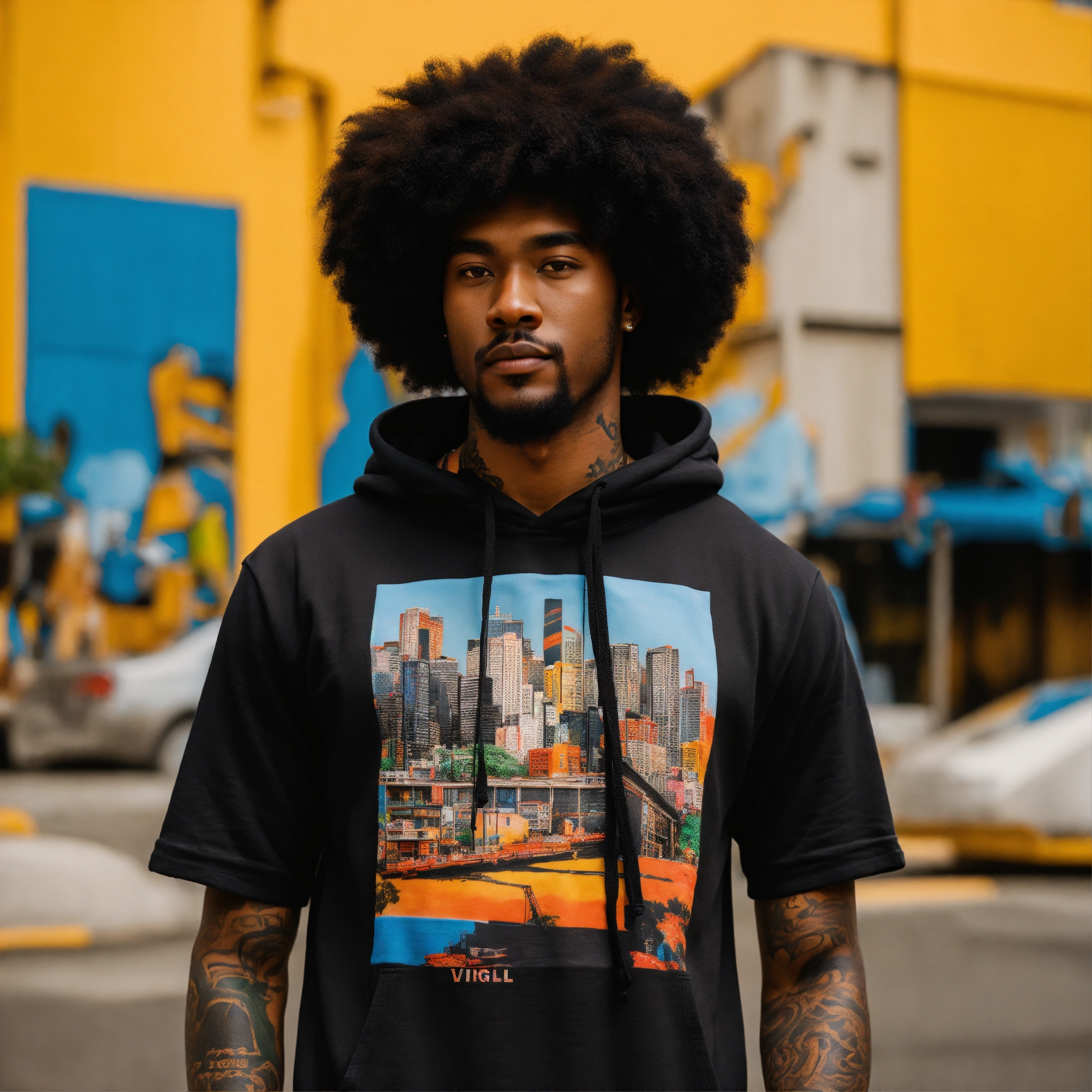 Lexica - Design t-shirt, city, a black male model with natural afro ...