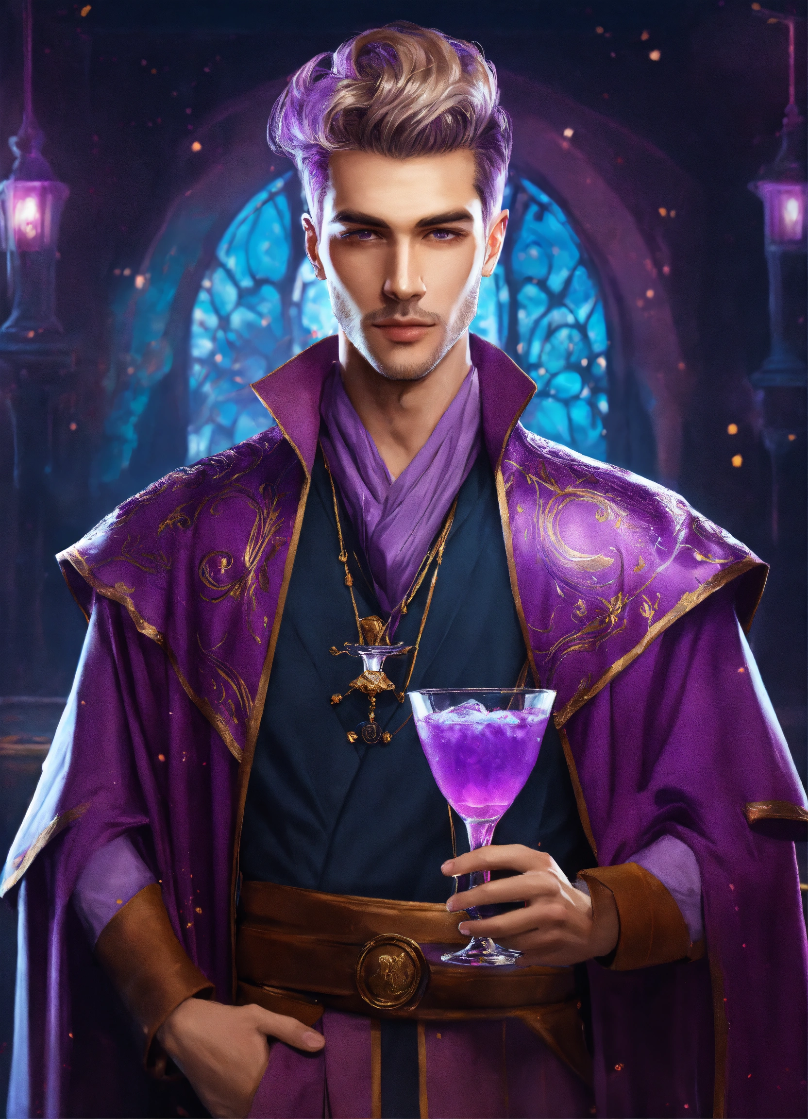 Lexica - Handsome wizard with modern hairstyle holding a purple drink
