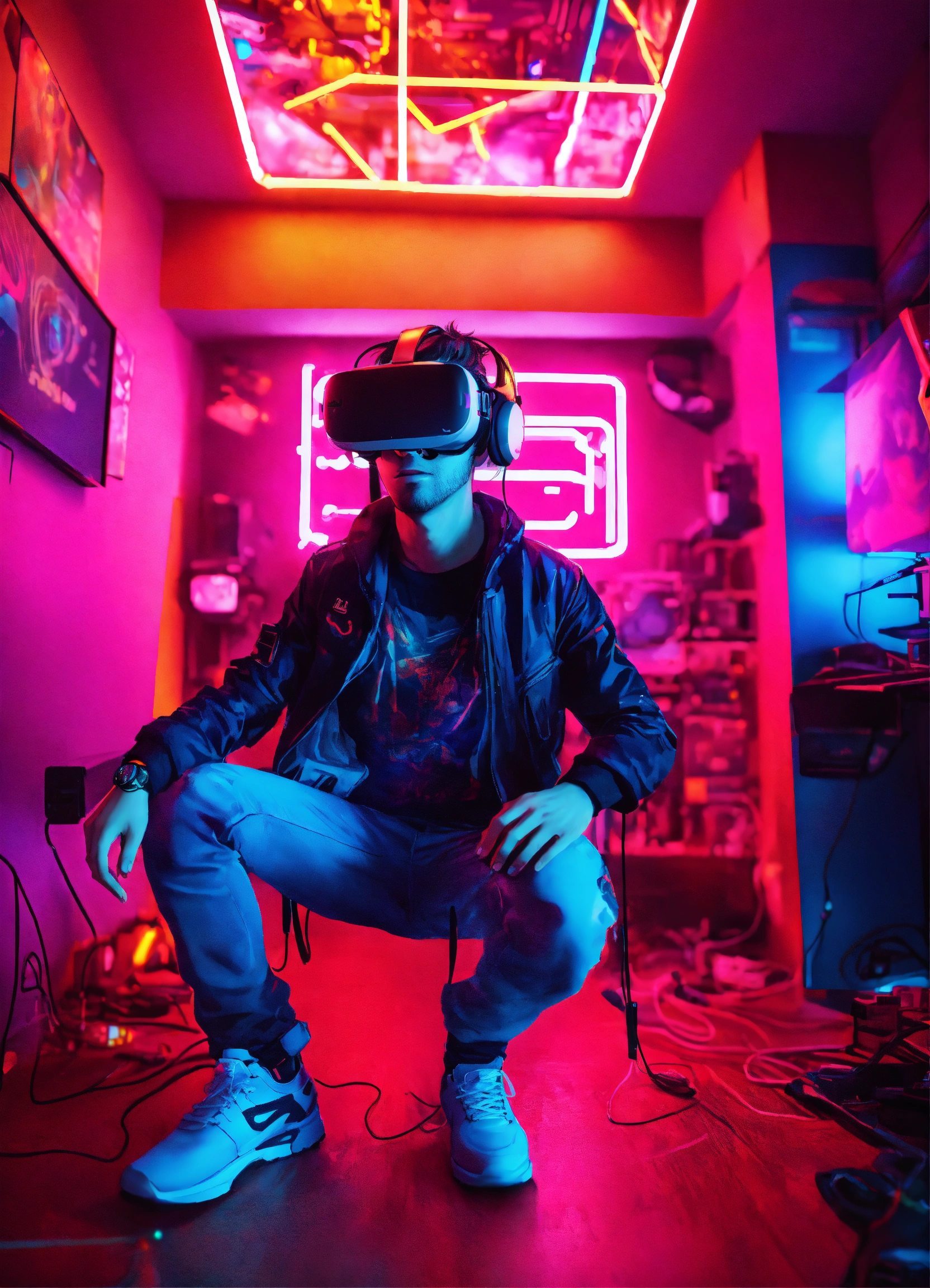 Lexica - A cyberpunk gamer wearing vr headset floating out of gaming ...