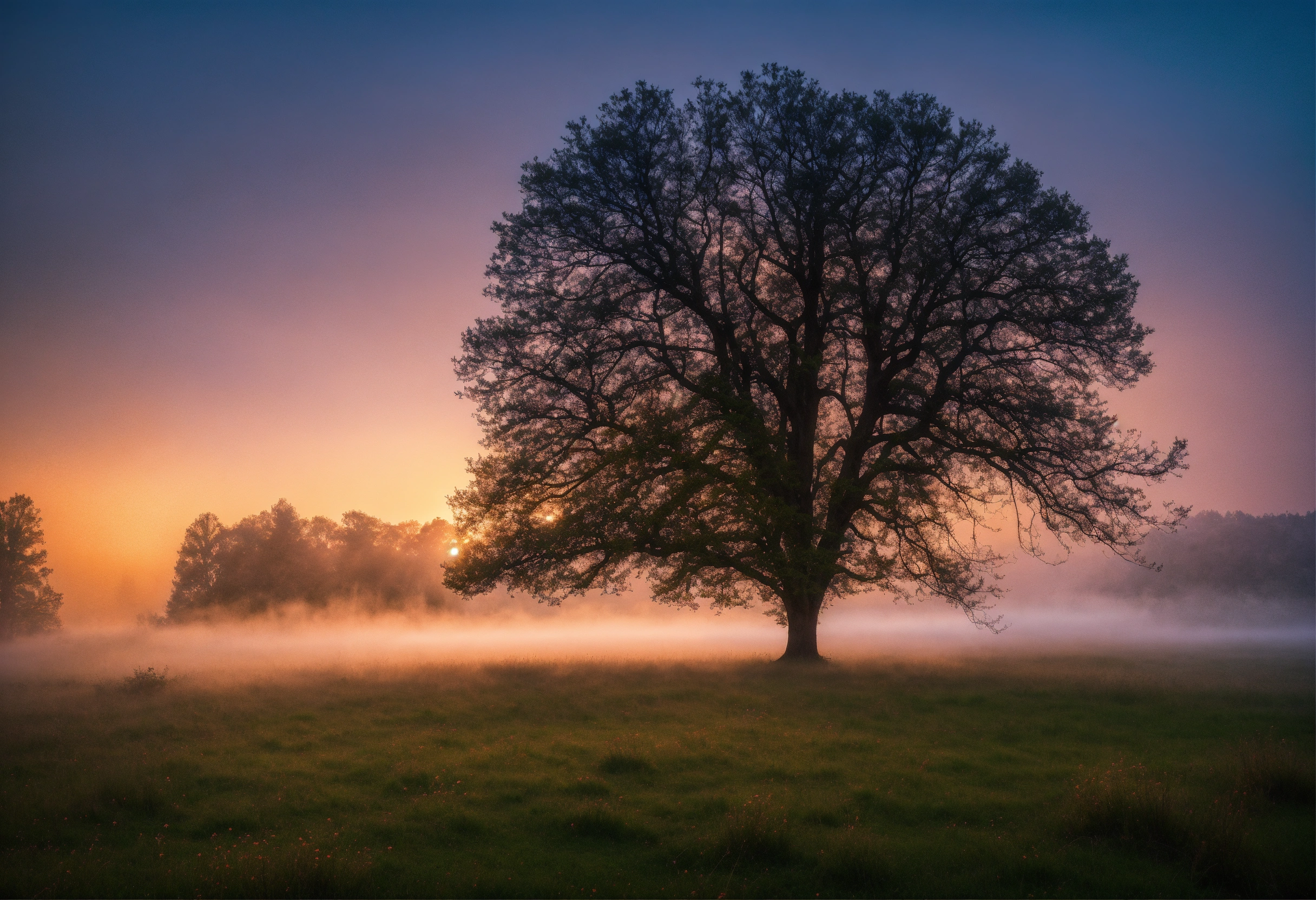 Lexica - A single tree in a meadow covered with morning fog, Glamor ...