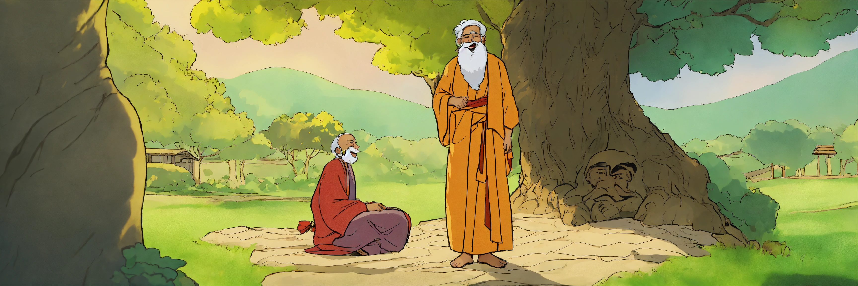 Lexica - An image of Ramu meeting a wise old sage dressed in saffron ...