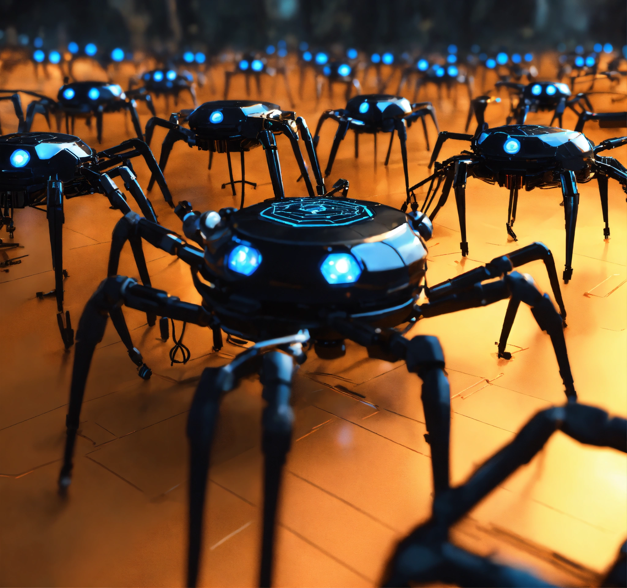 Lexica - Zoom out on a hundreds of small black spider bots with ...