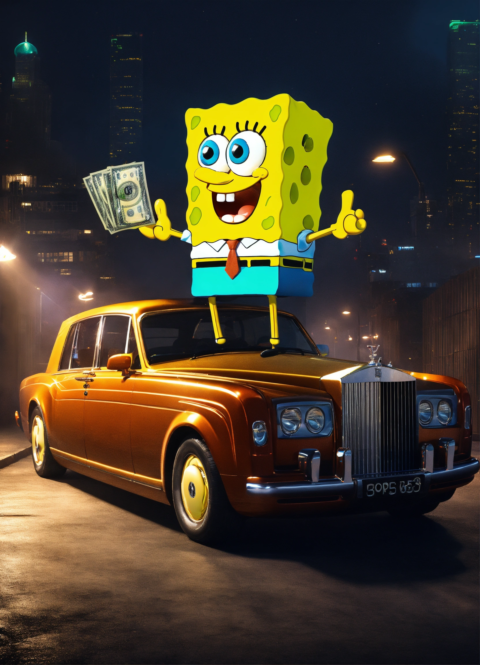 Lexica - 3d spongebob squarepants flexing cash on top of a rolls royce ...