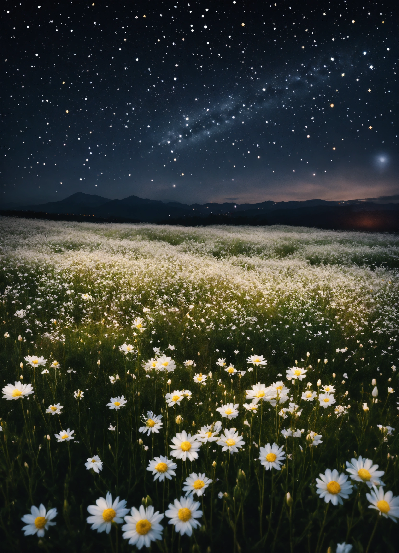 Lexica - Field of white flowers under a dark night sky filled with ...