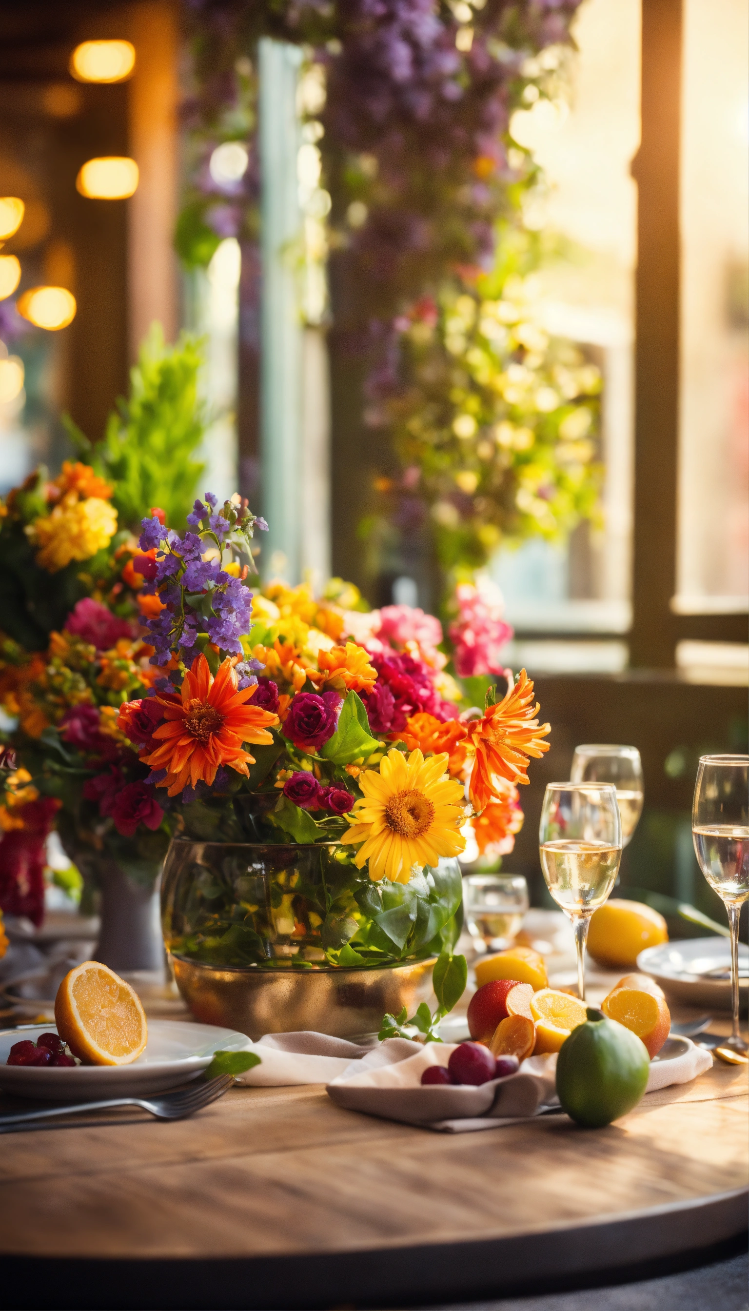 Lexica - Restaurant table with flowers, looking down, beautiful ...