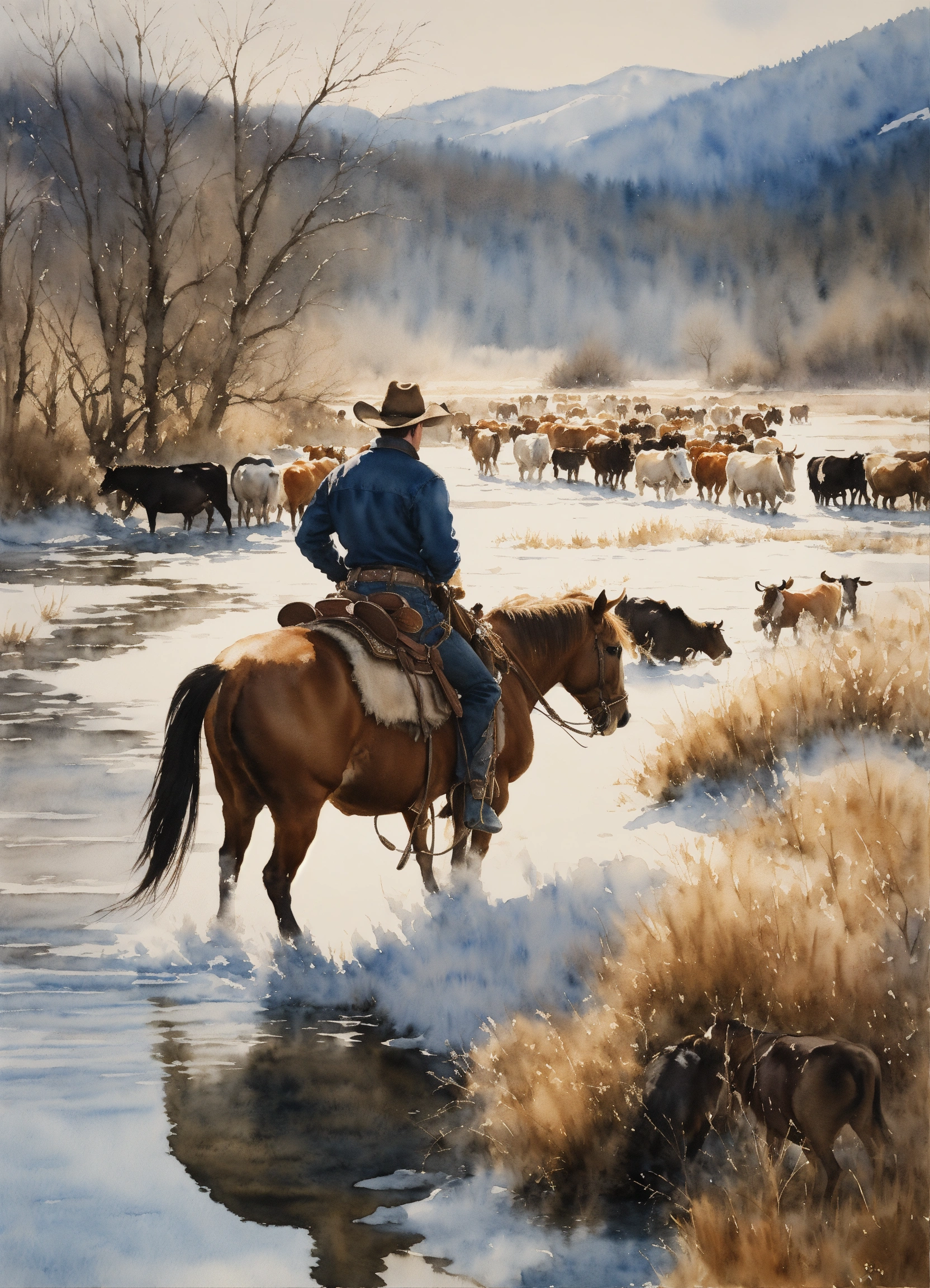 Lexica - A watercolor painting of a cowboy on horseback driving a herd ...