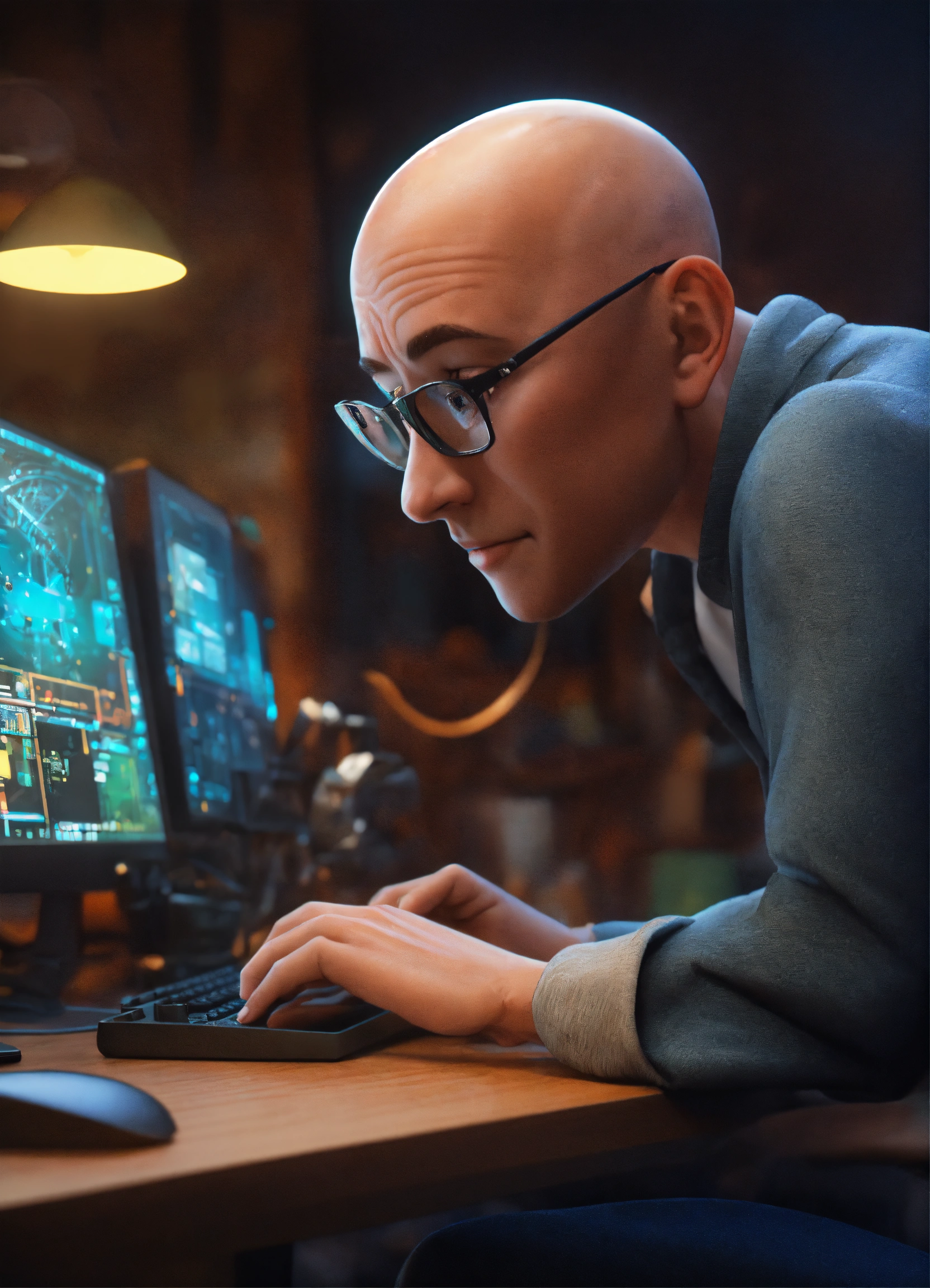Lexica - A nervous bald man knocks with his hand on the computer, in ...
