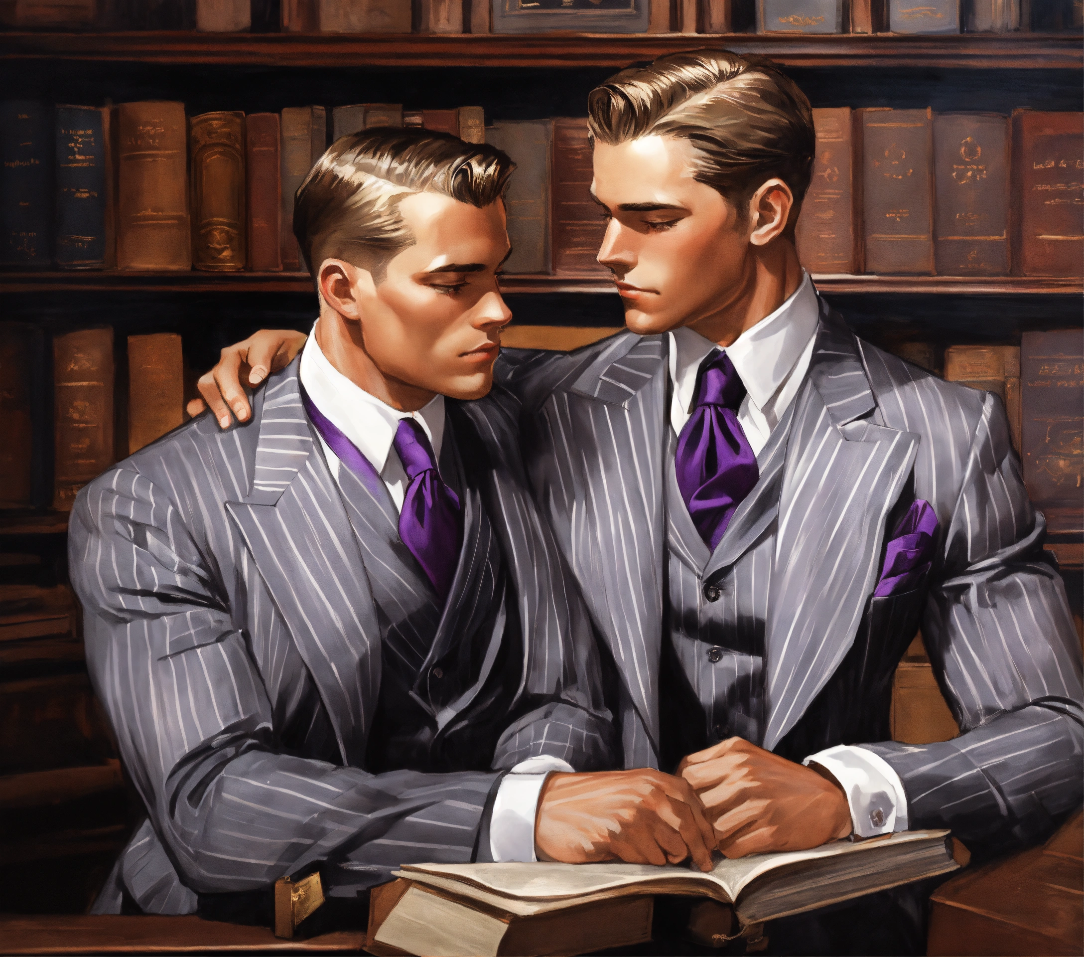 Lexica Two muscled male lawyers in grey pinstripe vested suit, black