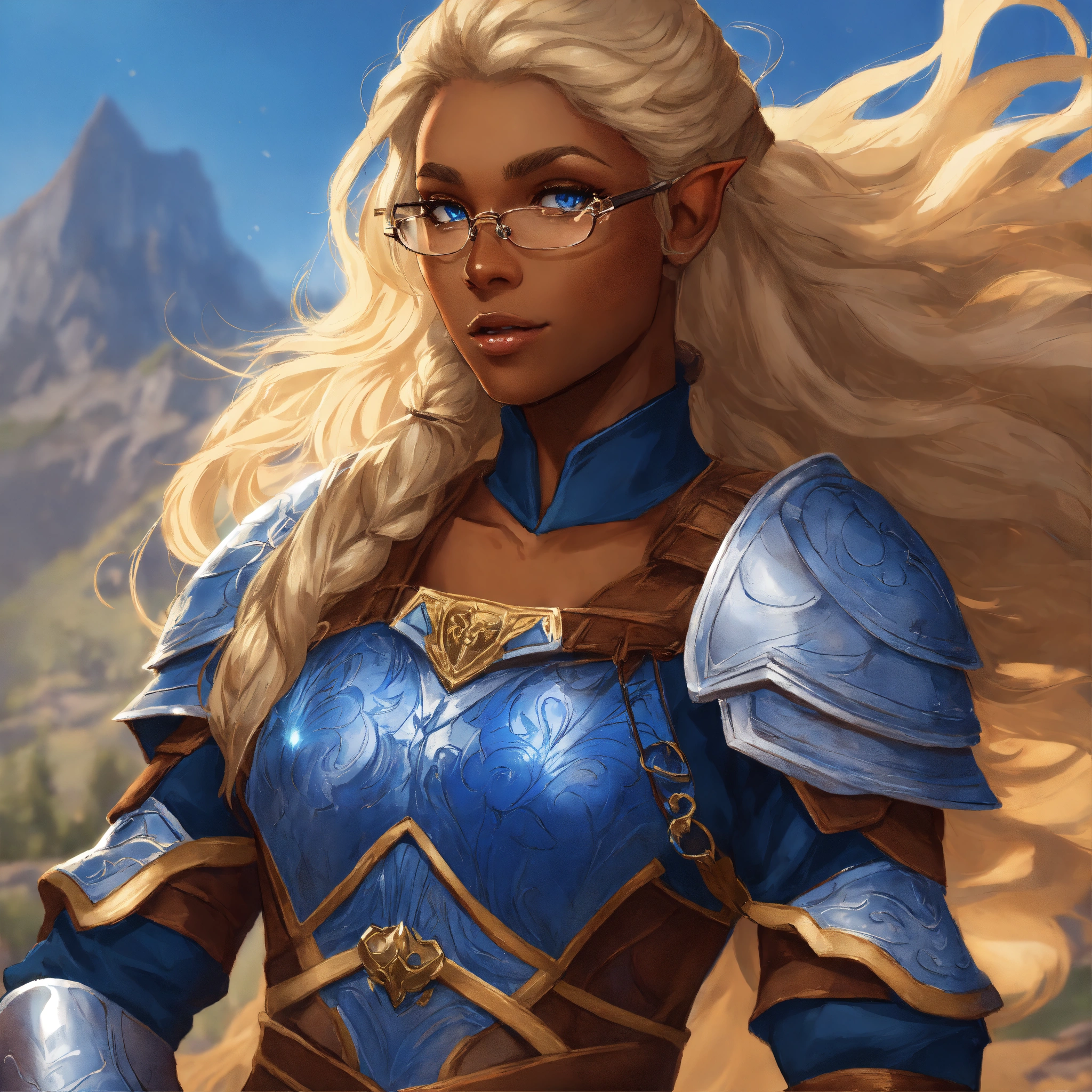 Lexica - A very brown skinned half elf woman, wearing glasses with deep ...