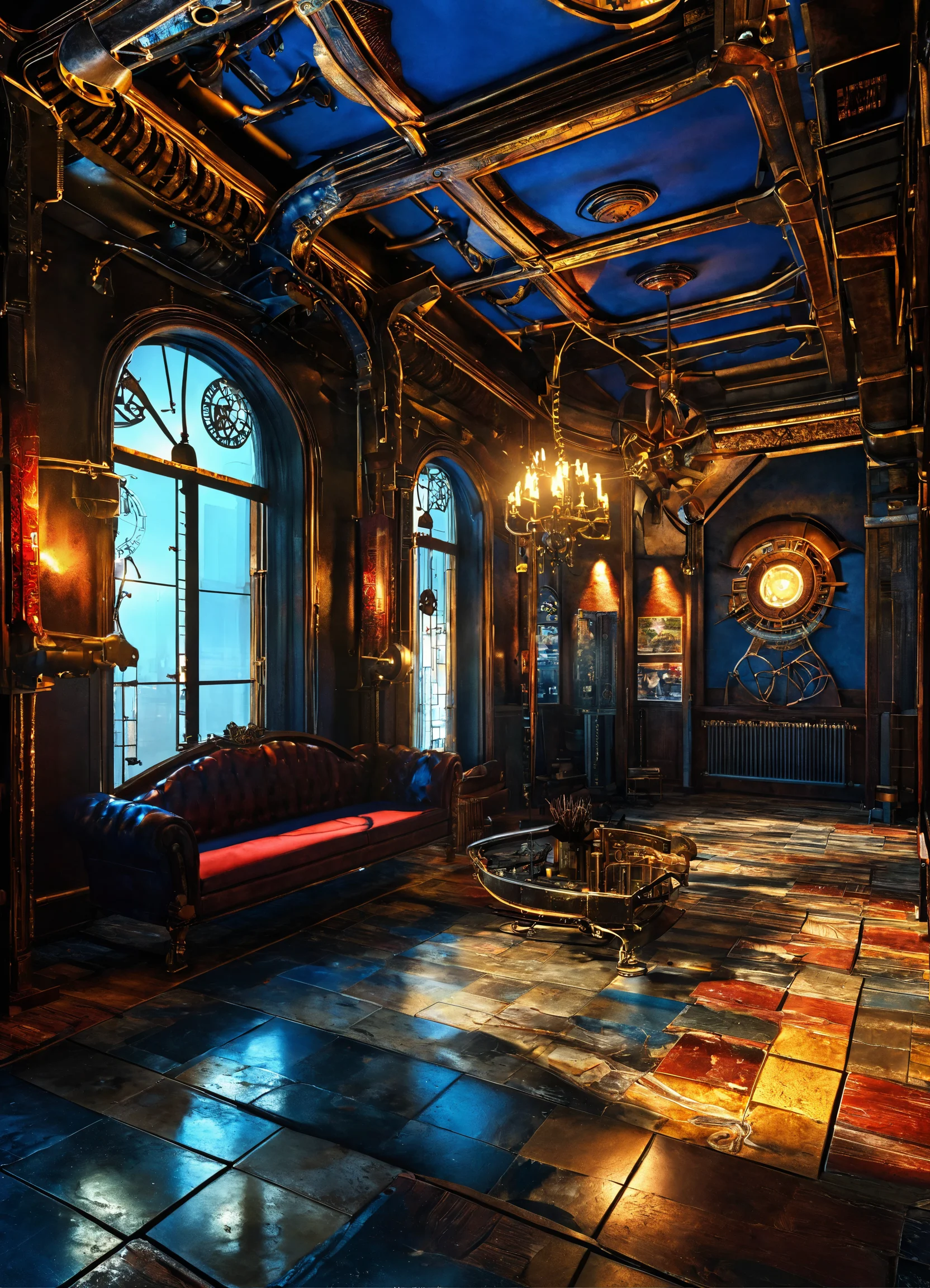 Lexica Beautiful Steampunk giant living room, interior design