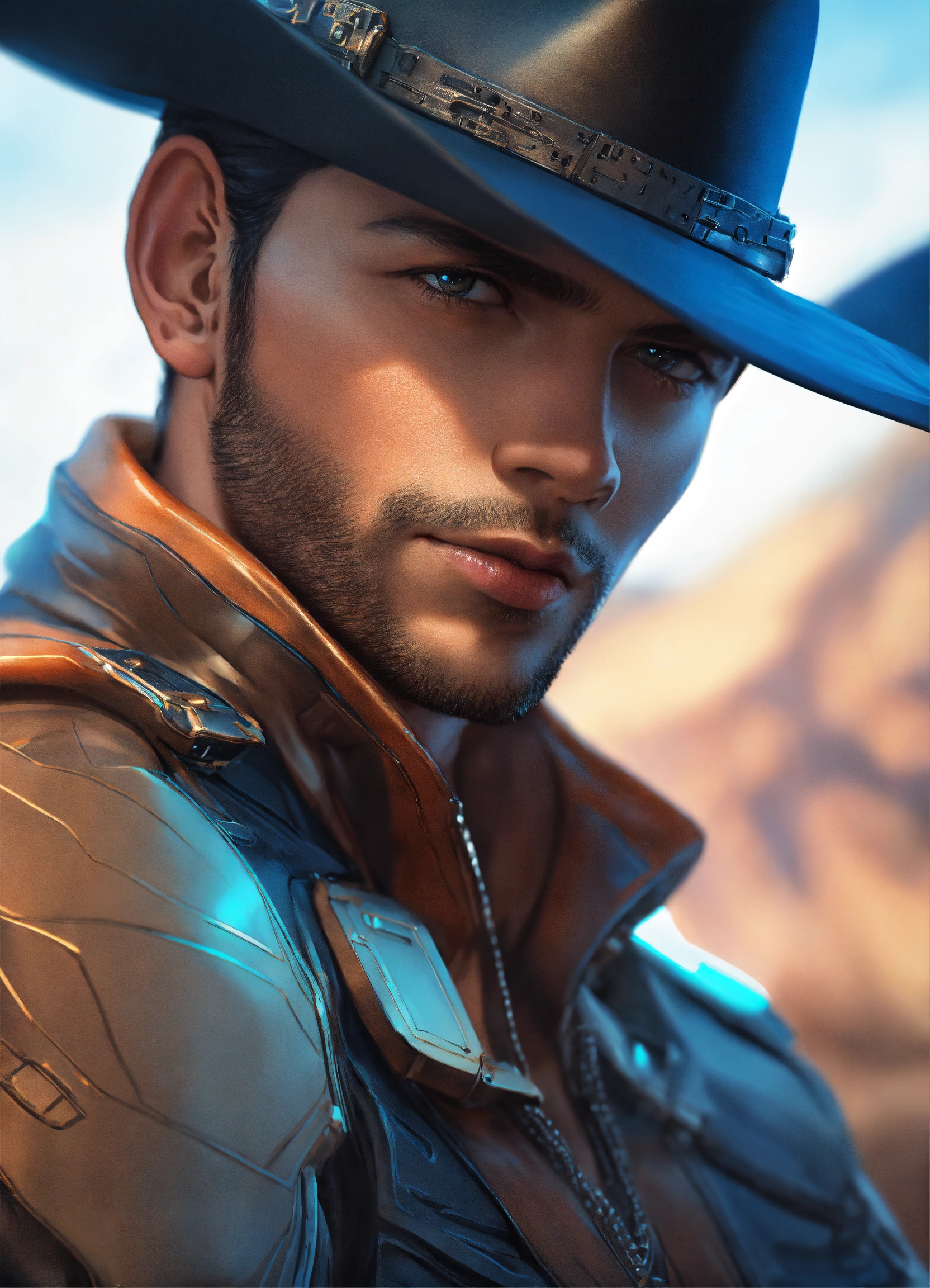 Lexica - Close up of futuristic cowboy, 8k, directly facing the camera ...