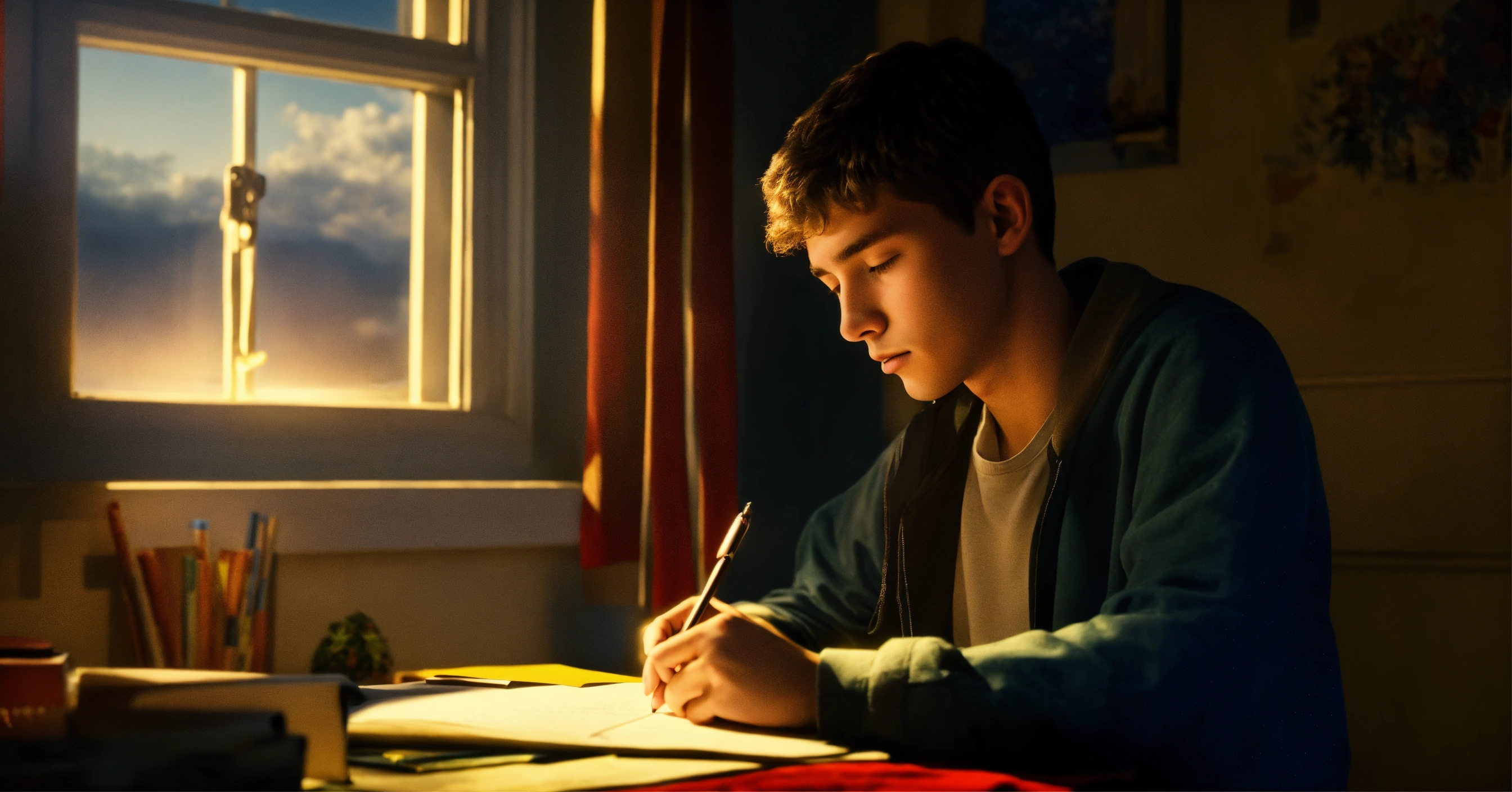 Lexica - A realistic image of a 17 year old boy writing a letter, his ...