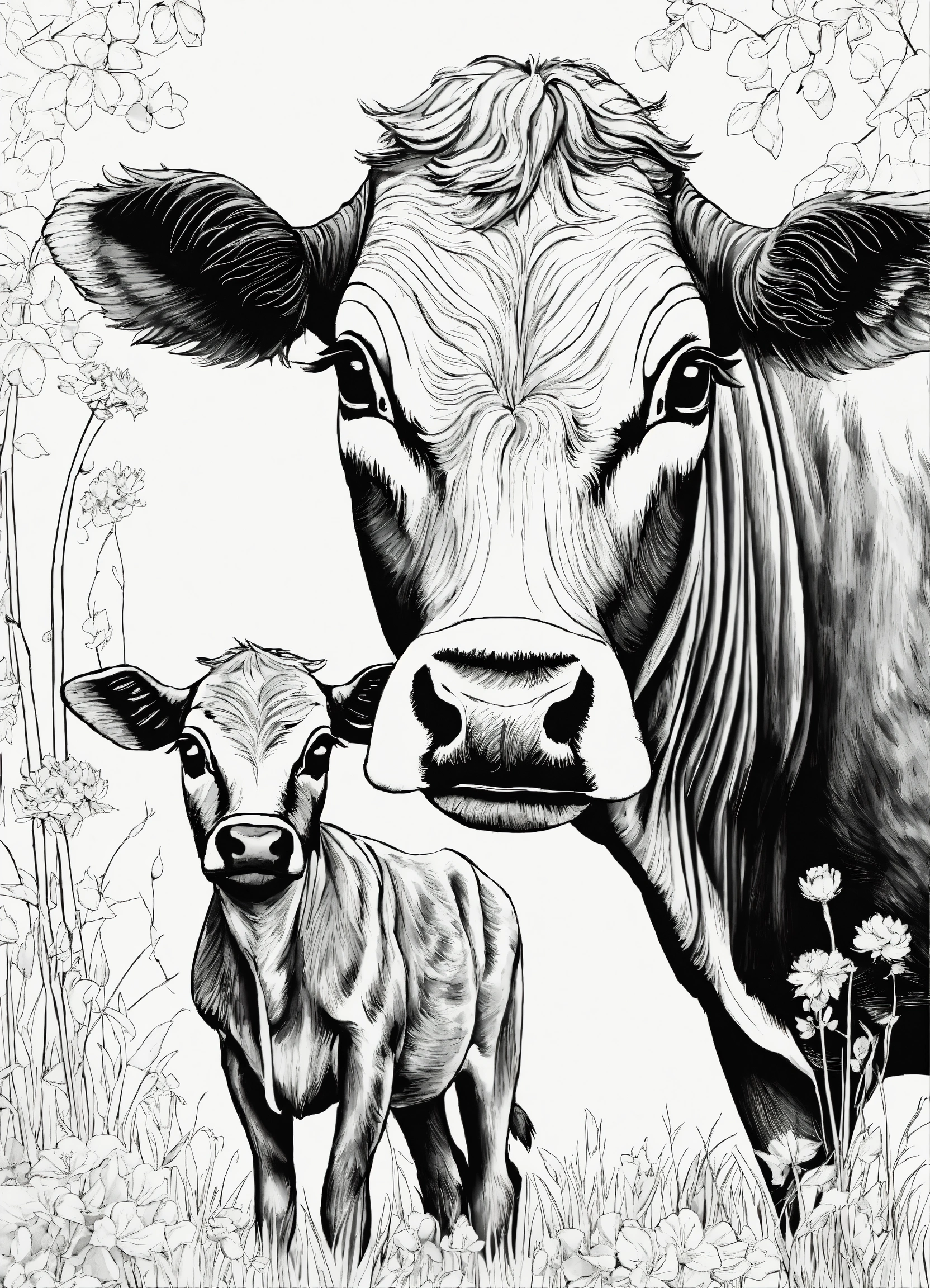 Lexica - A cow with a baby cow black and white drawing for a coloring ...