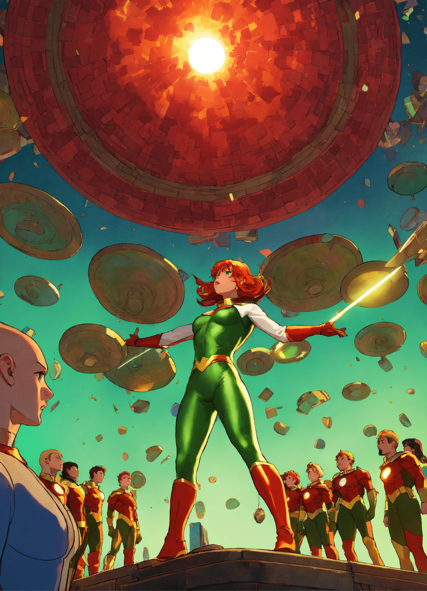 Lexica - An army of earthbound superhero's looking up in awe at a Red ...