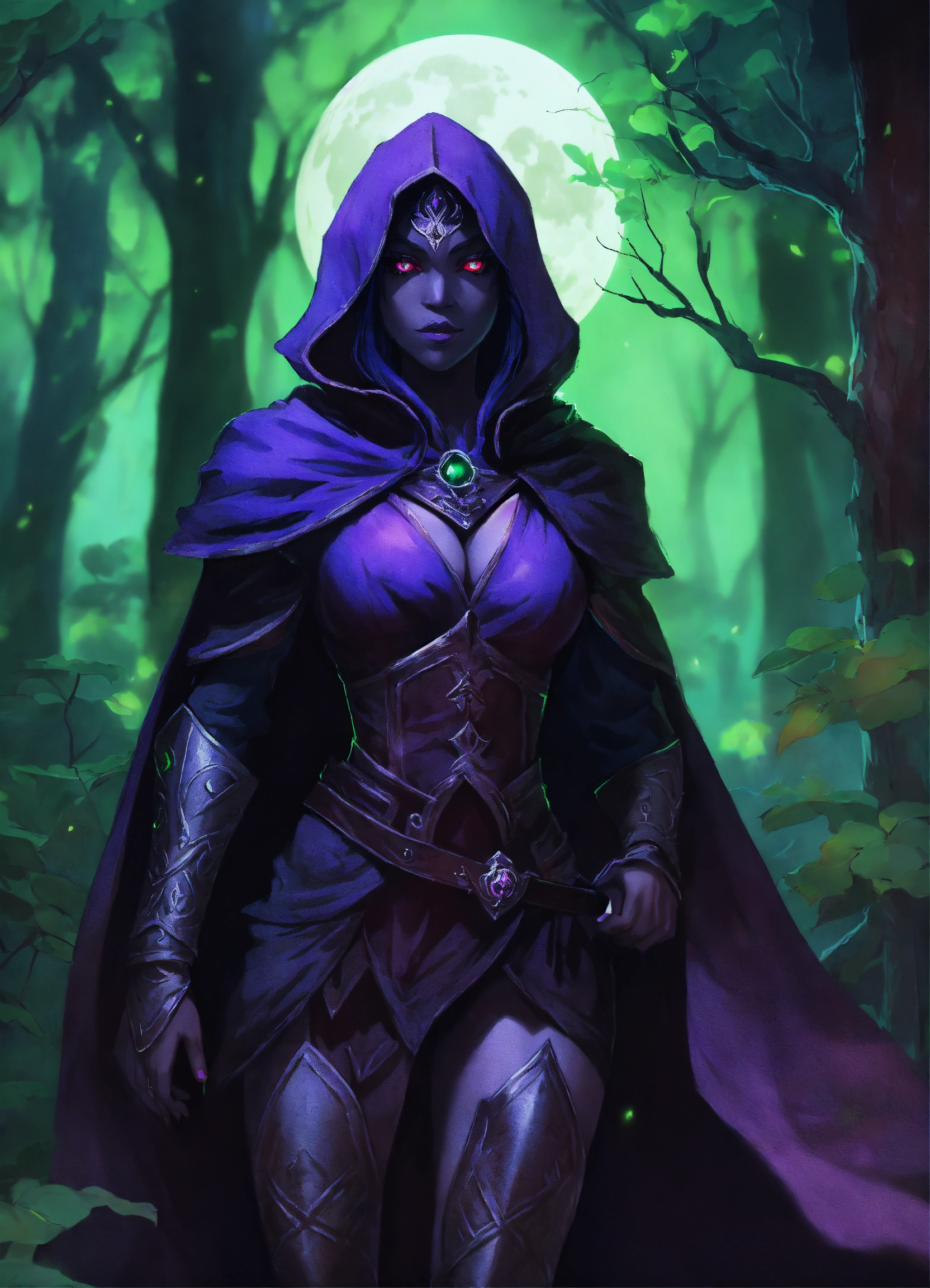 Lexica - Shadow dark female drow, green glowing eyes, with dark purple ...
