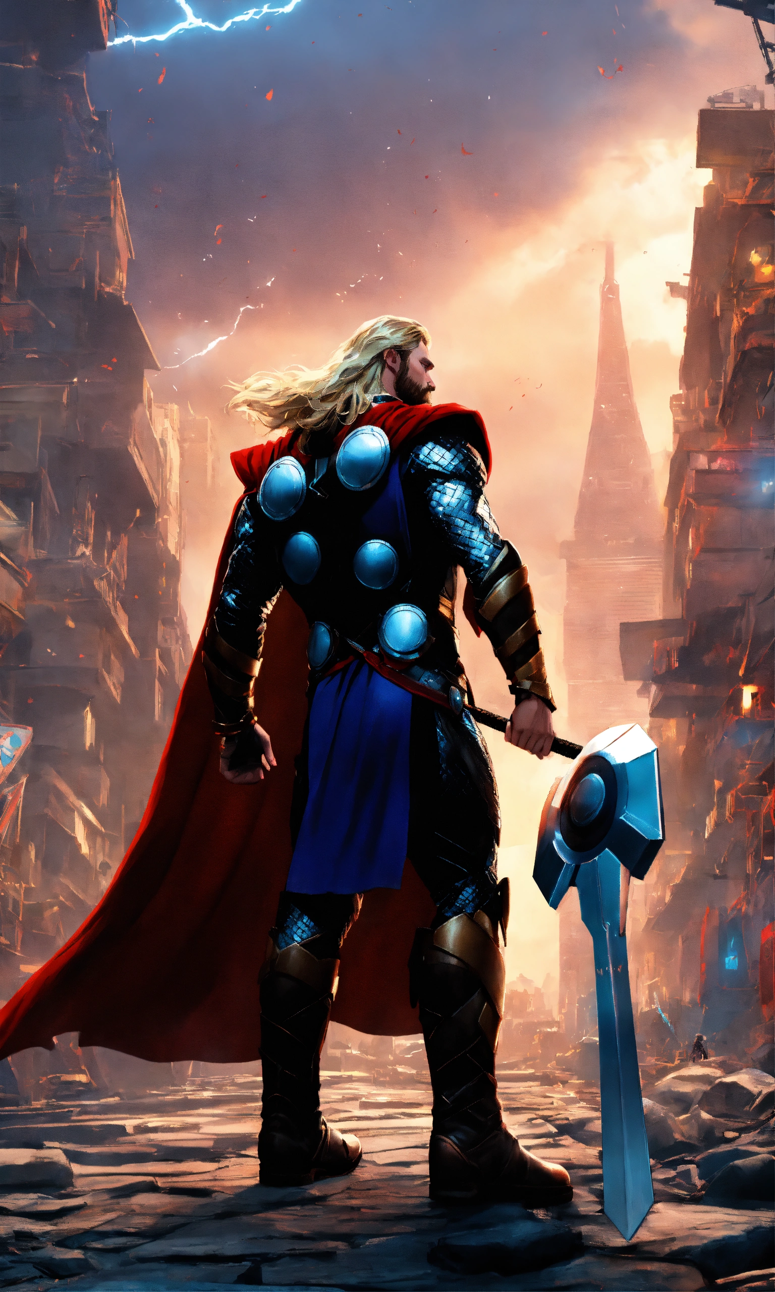 Lexica - Thor helps others, cinematic background, 2D render, cityside