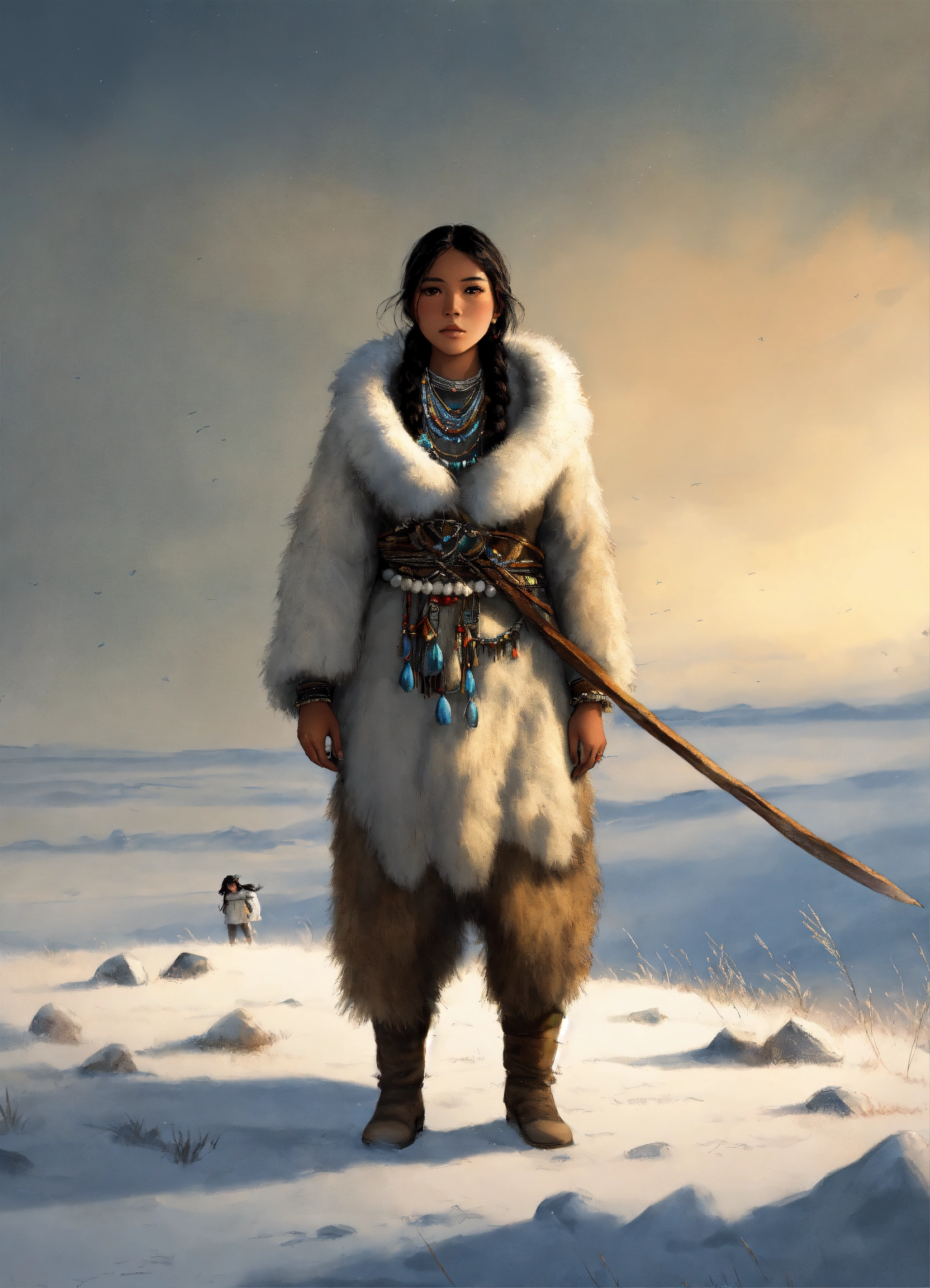 Lexica - Full body Illustration of an inuit woman, young, 18 years old,  beautiful, wearing stone age clothing adorned with feathers, beads and  shells...