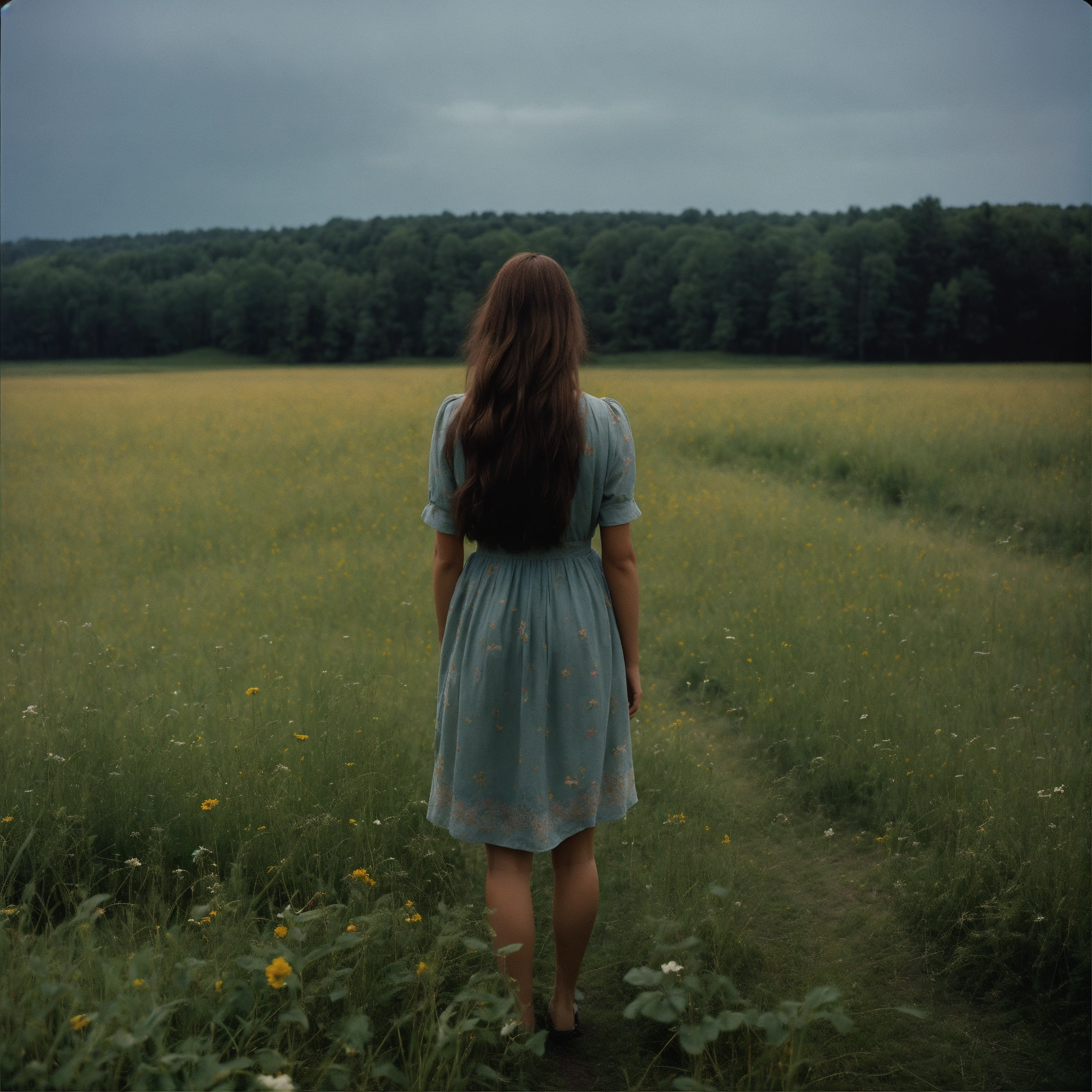 Lexica - A woman with long brown hair standing in a field, rear view ...
