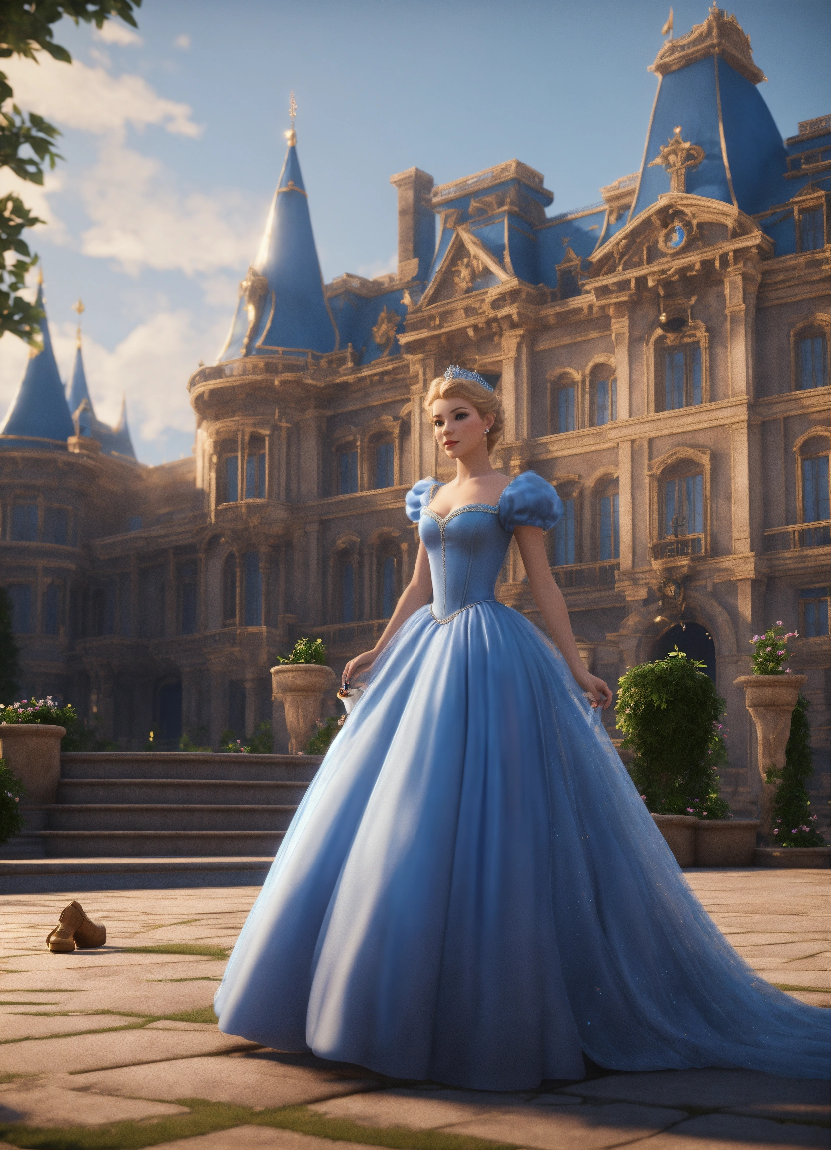Lexica - Cute Cinderella wearing a blue gown, looking at a glass ...
