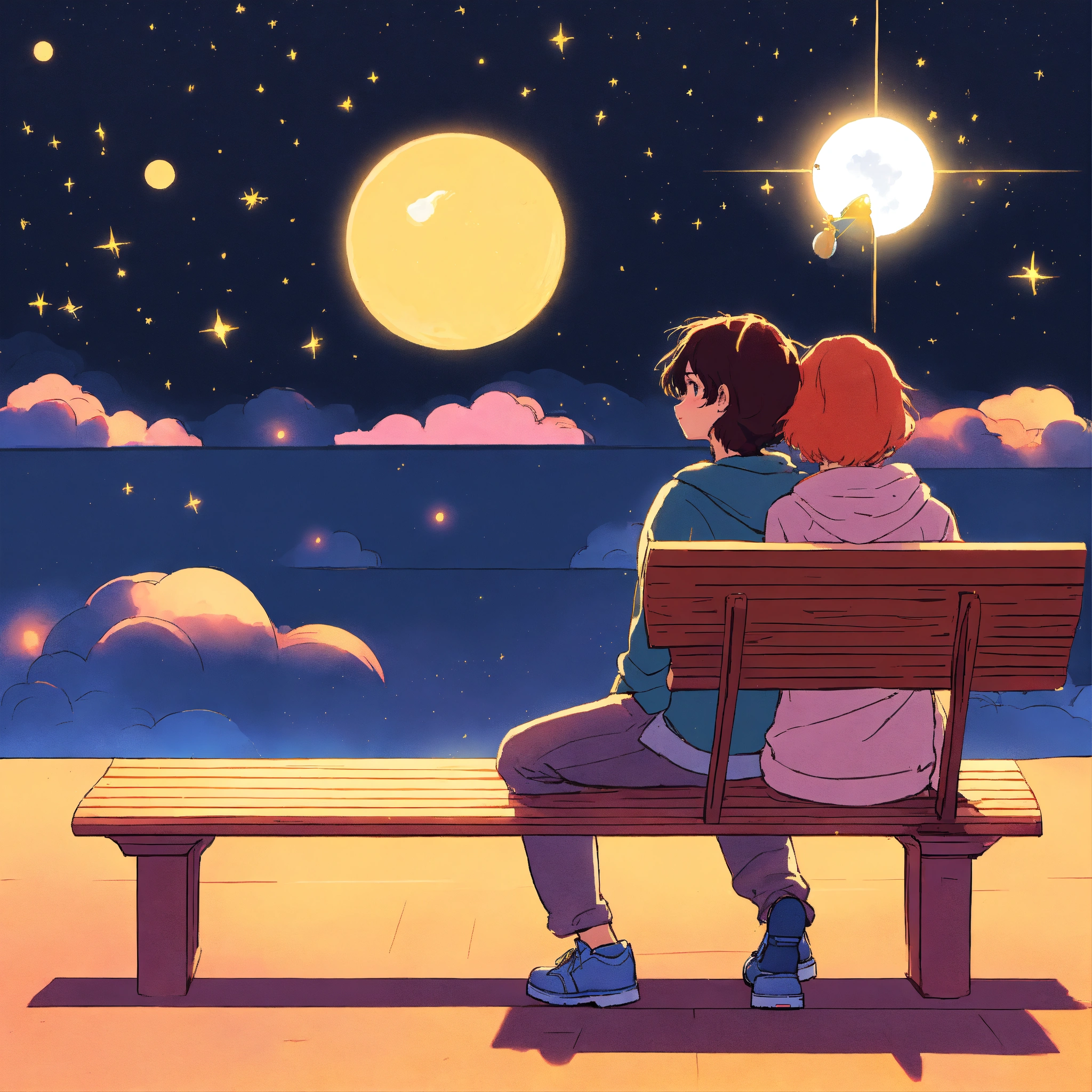 Lexica - Two friends sitting on a bench. sunshine and starlight cozy ...
